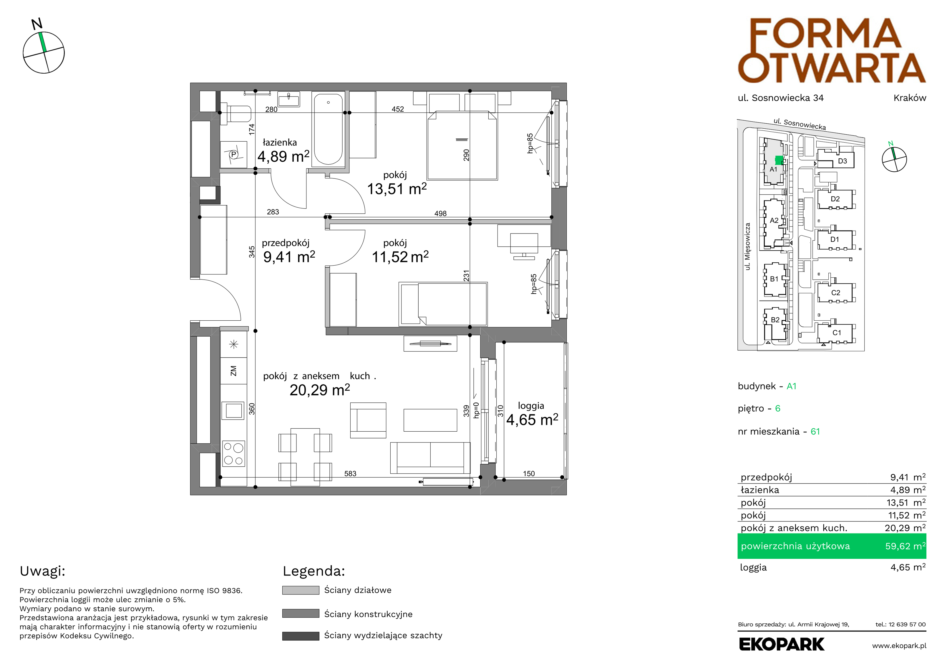 Mieszkanie 59,62 m², piętro 6, oferta nr A1-61, Forma Otwarta, Kraków, Bronowice, Bronowice Wielkie, ul. Sosnowiecka-idx