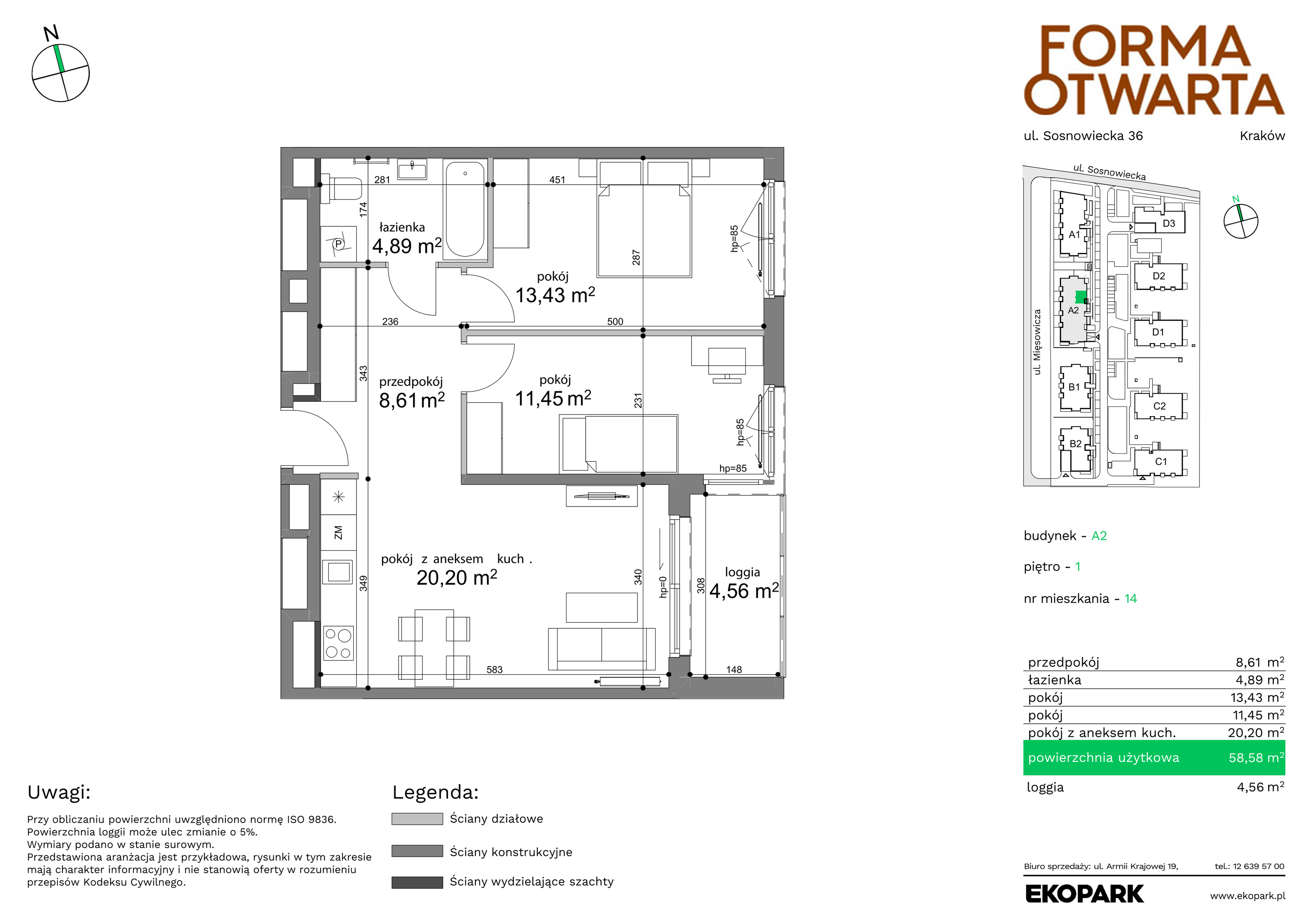 Mieszkanie 58,58 m², piętro 1, oferta nr A2-14, Forma Otwarta, Kraków, Bronowice, Bronowice Wielkie, ul. Sosnowiecka-idx