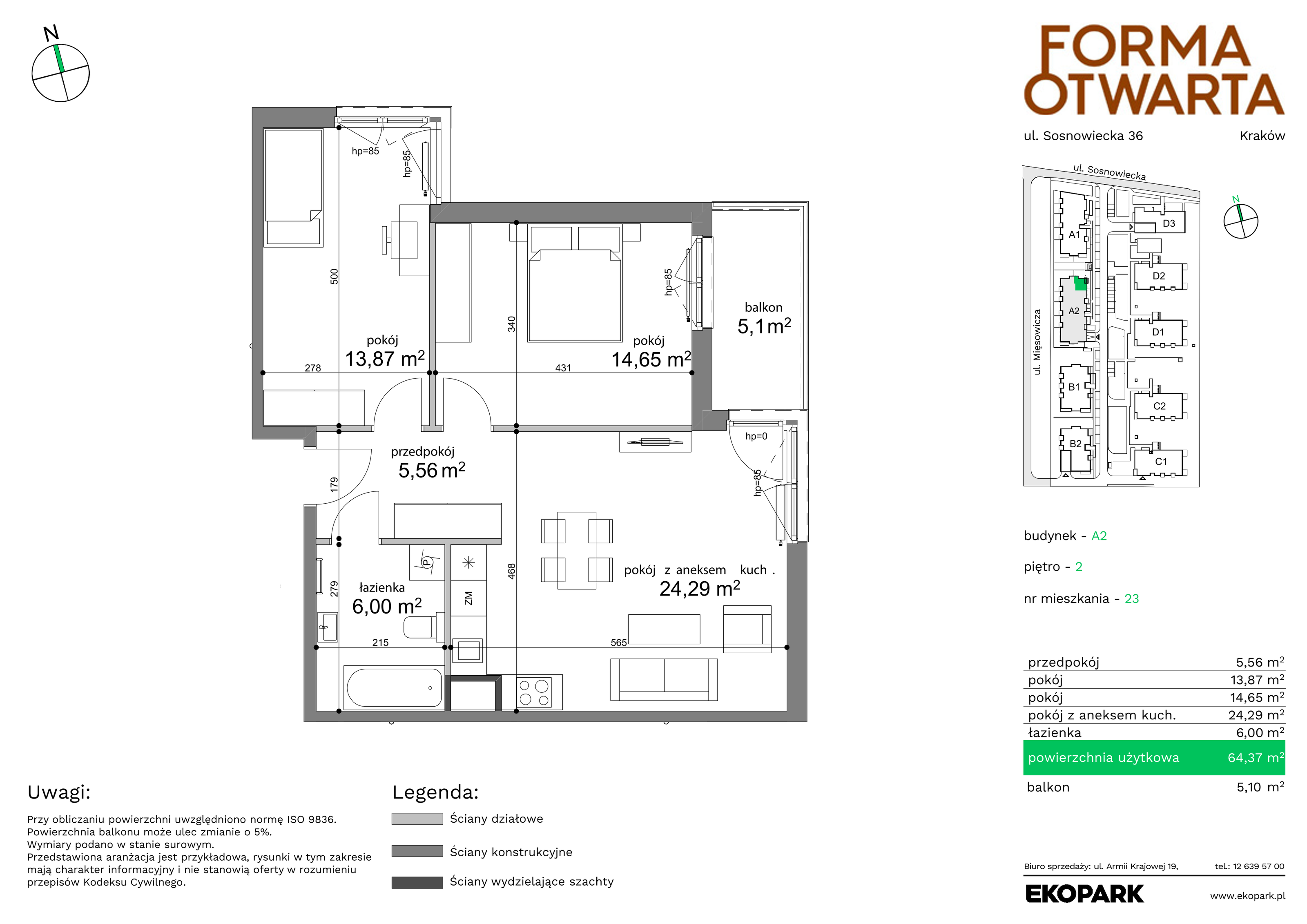 Mieszkanie 64,37 m², piętro 2, oferta nr A2-23, Forma Otwarta, Kraków, Bronowice, Bronowice Wielkie, ul. Sosnowiecka-idx