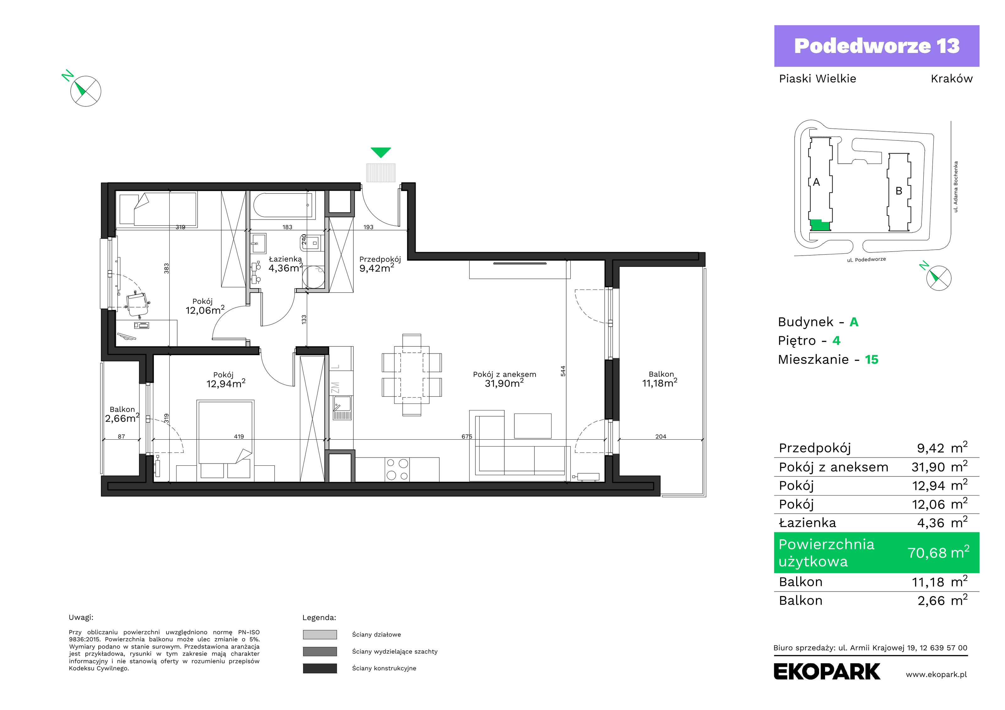 Mieszkanie 70,68 m², piętro 4, oferta nr A15, Podedworze 13, Kraków, Podgórze Duchackie, Piaski Wielkie, ul. Podedworze 13-idx