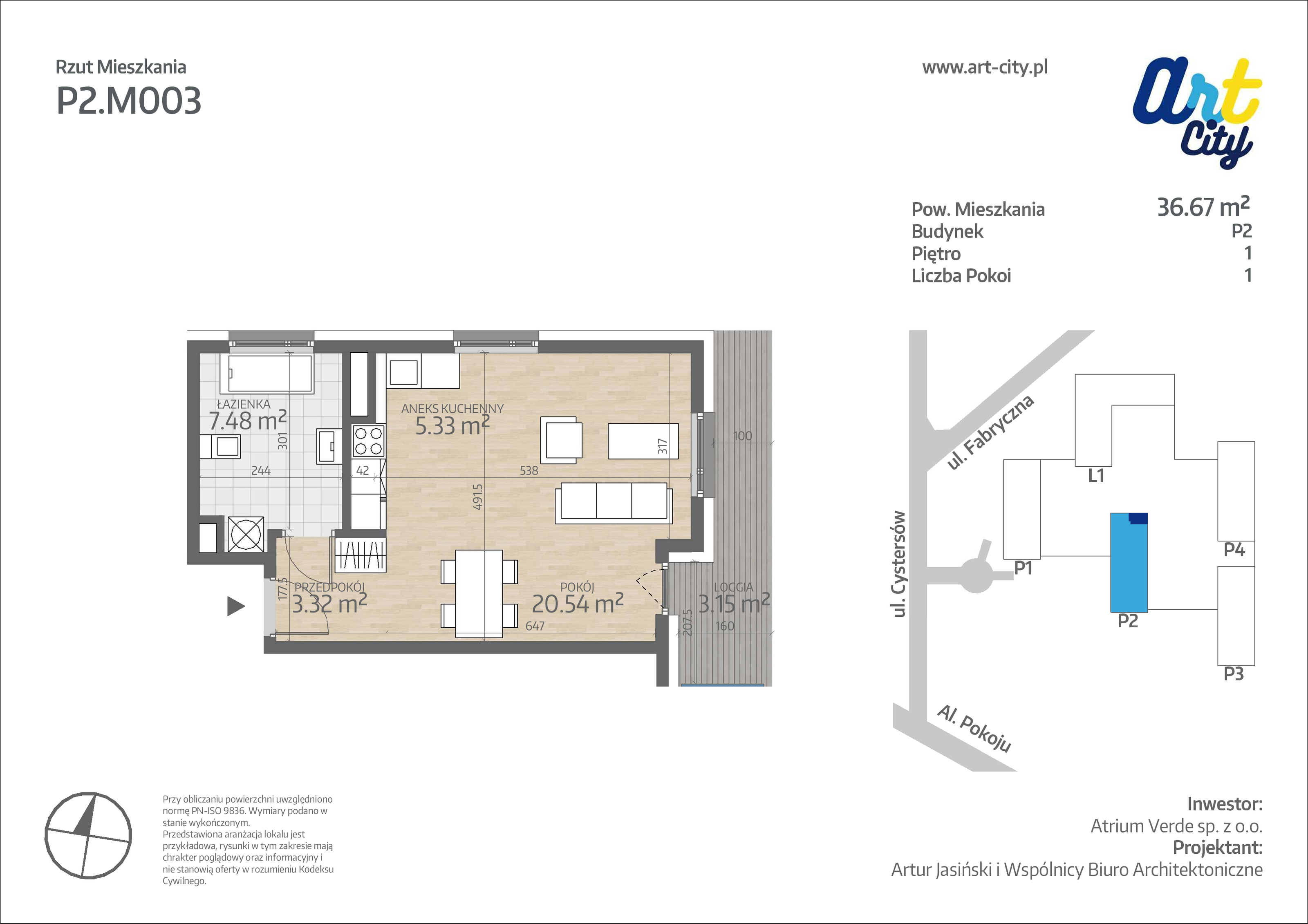 Mieszkanie 36,67 m², piętro 1, oferta nr P2.M003, Art City, Kraków, Grzegórzki, ul. Fabryczna-idx