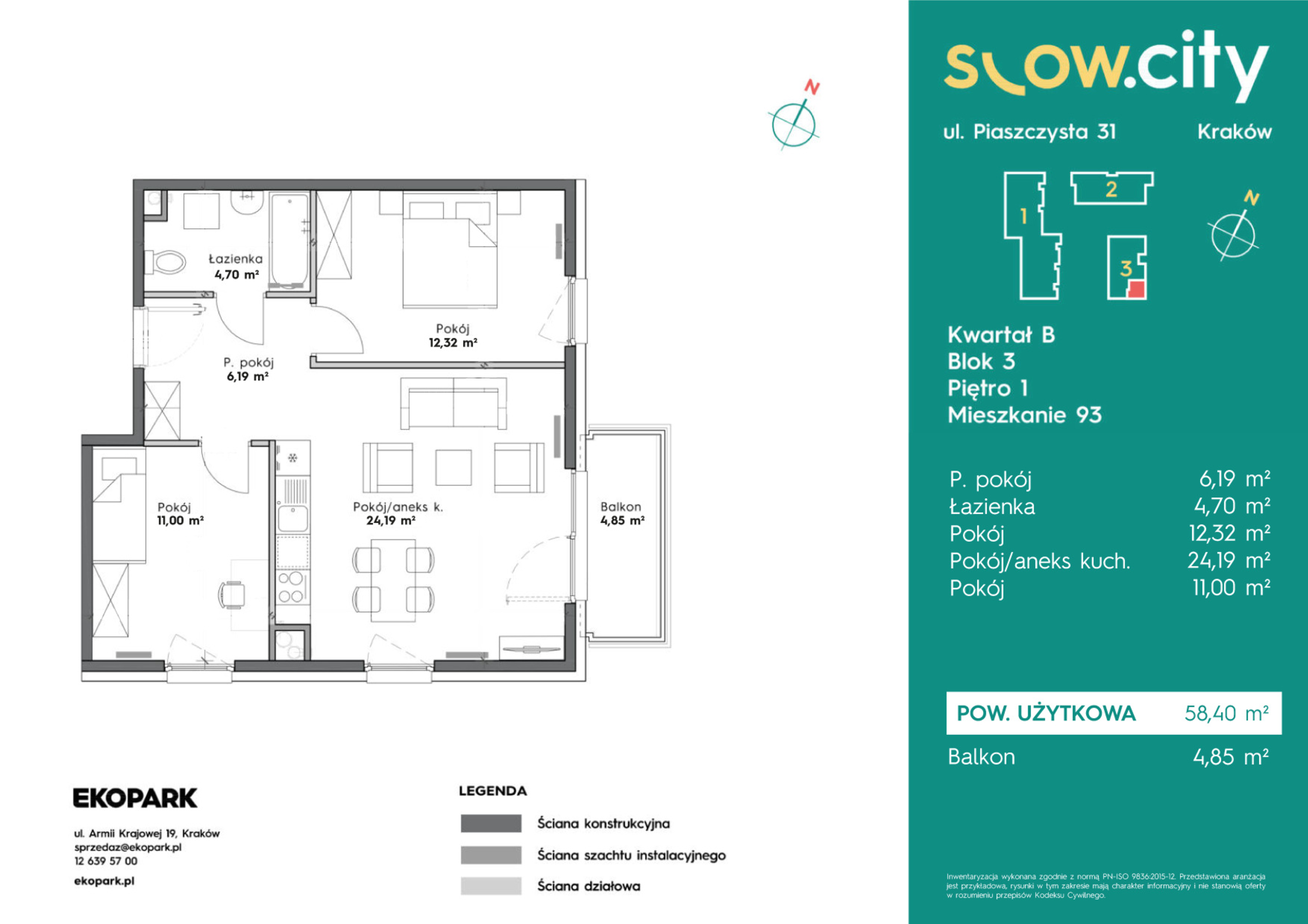 Mieszkanie 58,40 m², piętro 1, oferta nr B3-93, Slow City, Kraków, Prądnik Biały, ul. Piaszczysta-idx