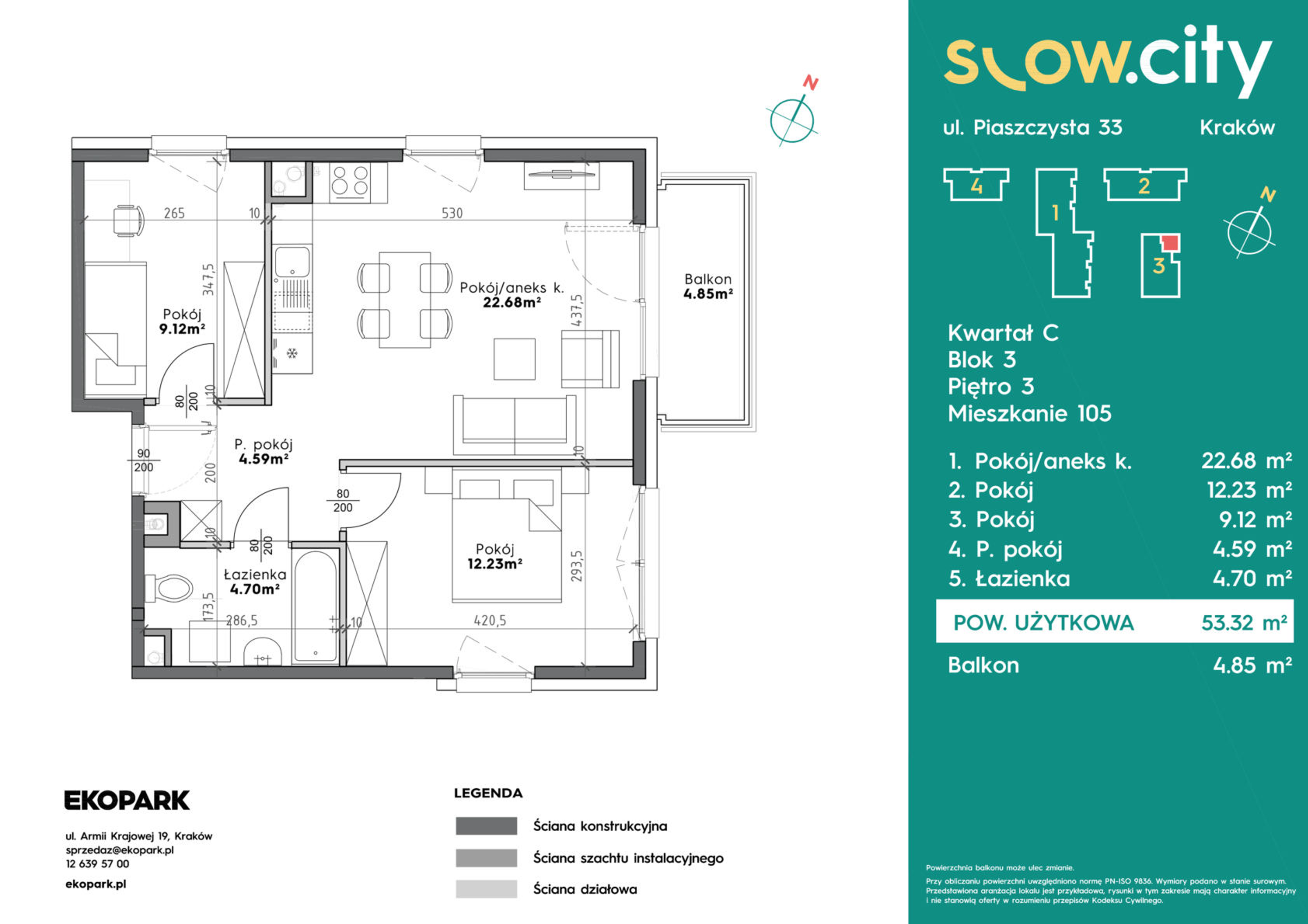 Mieszkanie 53,32 m², piętro 3, oferta nr C3-105, Slow City, Kraków, Prądnik Biały, ul. Piaszczysta-idx