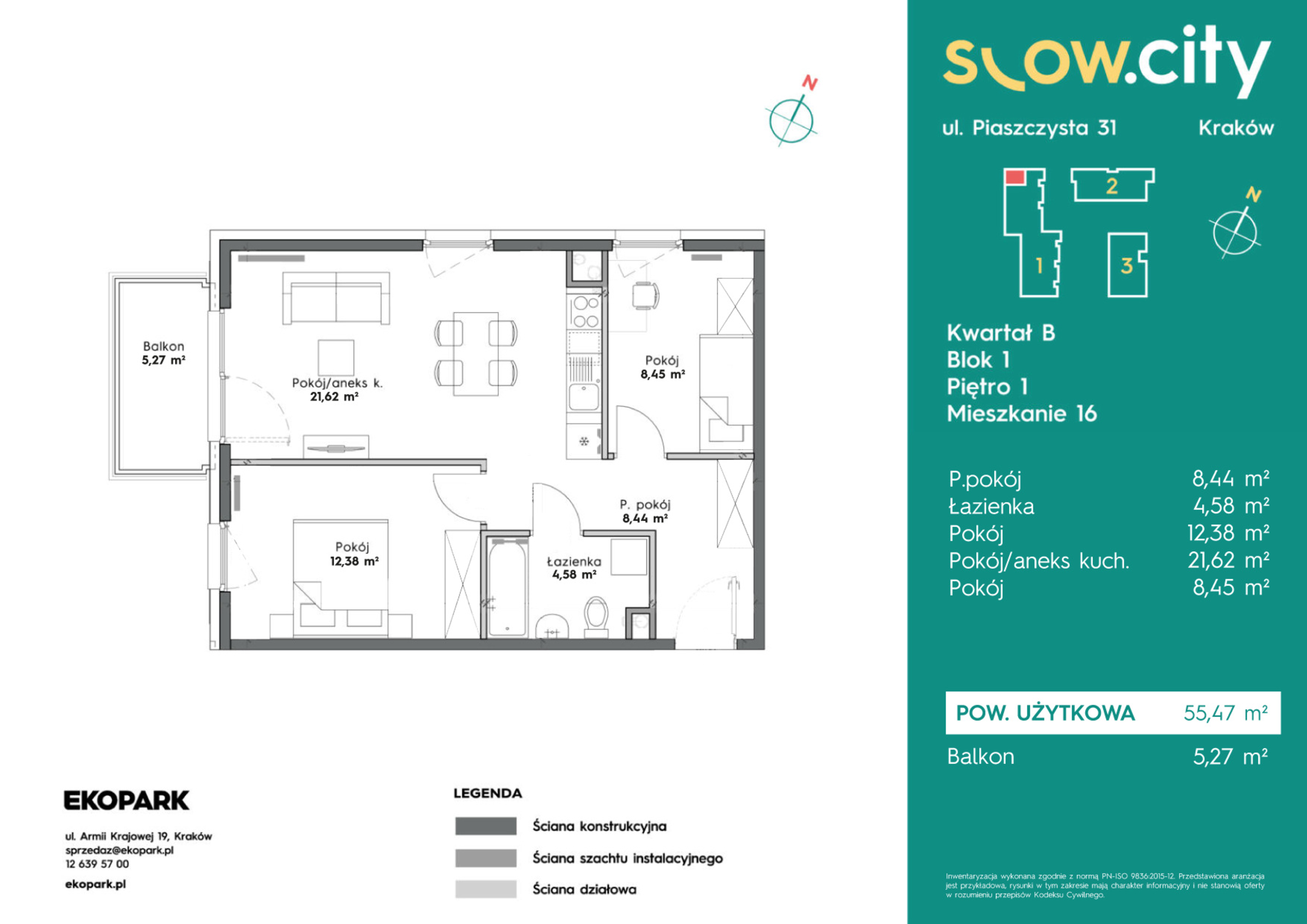 Mieszkanie 55,47 m², piętro 1, oferta nr B1-16, Slow City, Kraków, Prądnik Biały, ul. Piaszczysta-idx