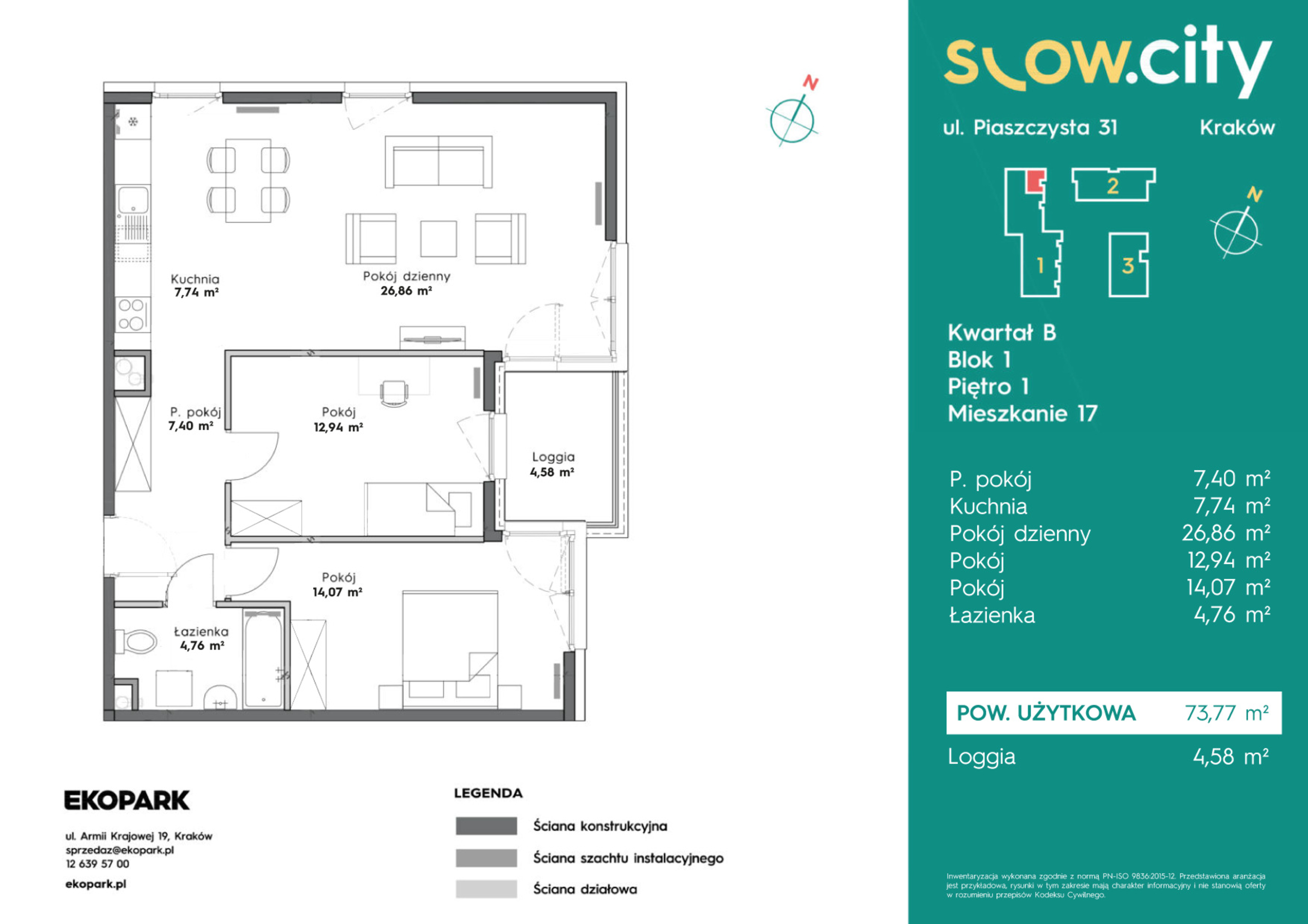 Mieszkanie 73,77 m², piętro 1, oferta nr B1-17, Slow City, Kraków, Prądnik Biały, ul. Piaszczysta-idx