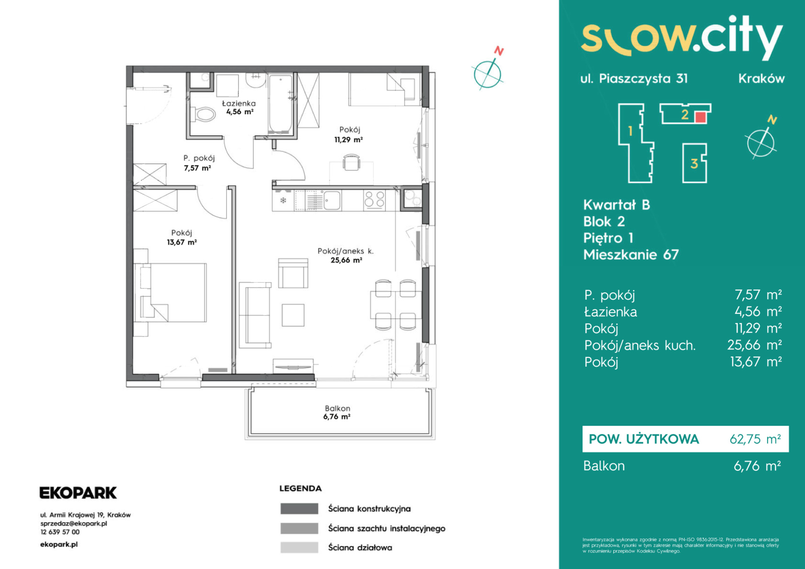 Mieszkanie 62,75 m², piętro 1, oferta nr B2-67, Slow City, Kraków, Prądnik Biały, ul. Piaszczysta-idx