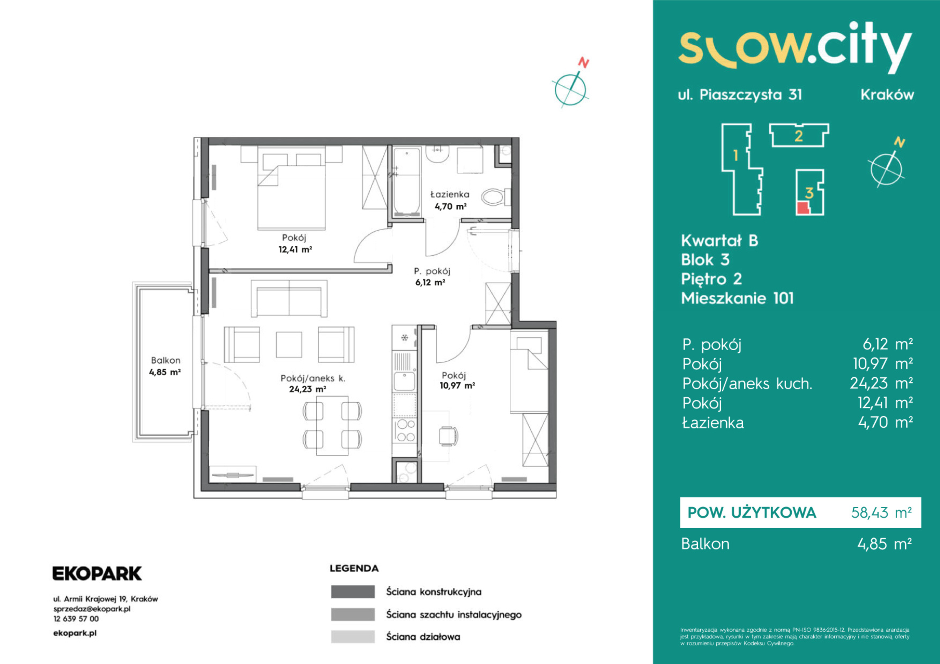 Mieszkanie 58,43 m², piętro 2, oferta nr B3-101, Slow City, Kraków, Prądnik Biały, ul. Piaszczysta-idx