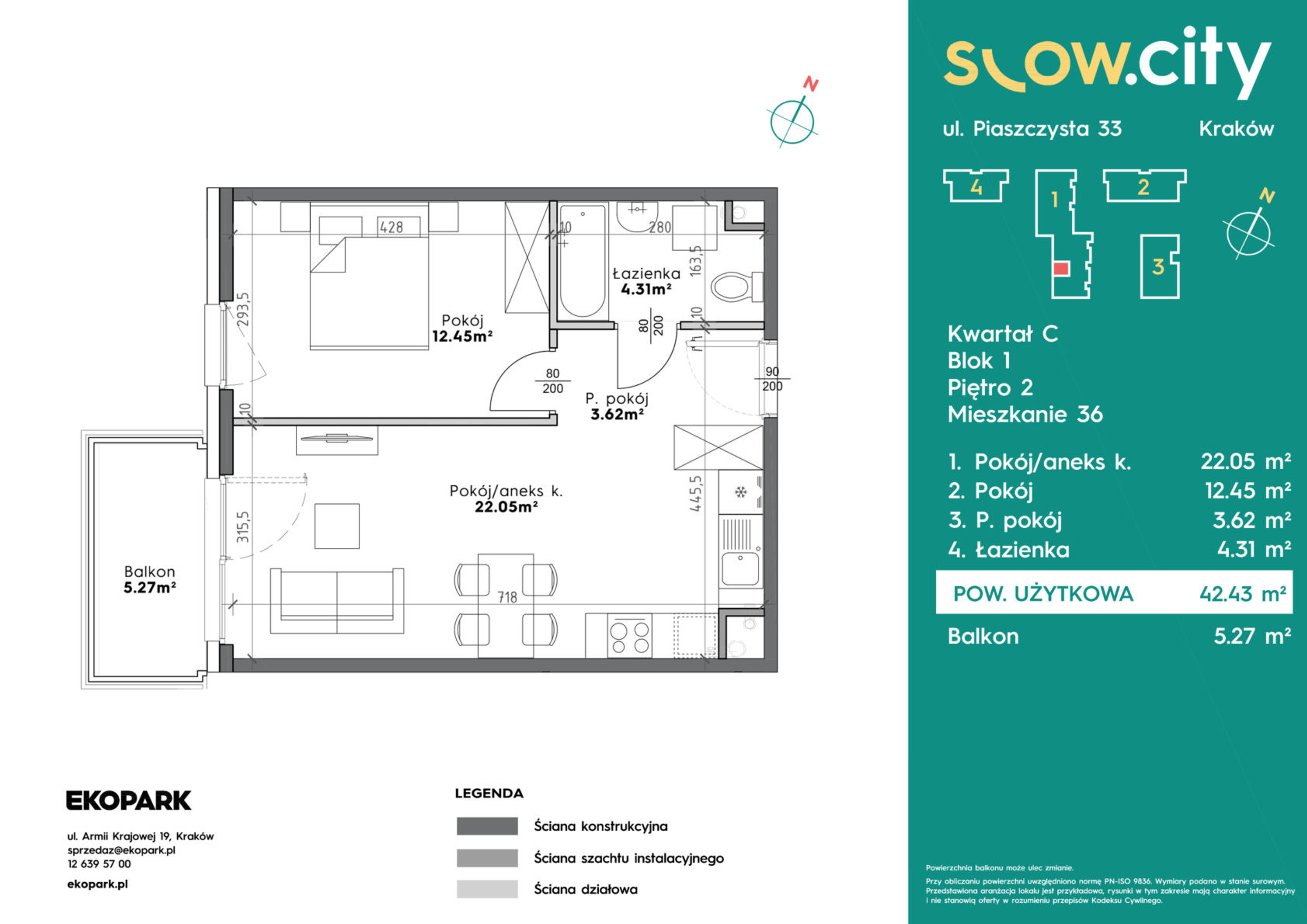 Mieszkanie 42,43 m², piętro 2, oferta nr C1-36, Slow City, Kraków, Prądnik Biały, ul. Piaszczysta-idx