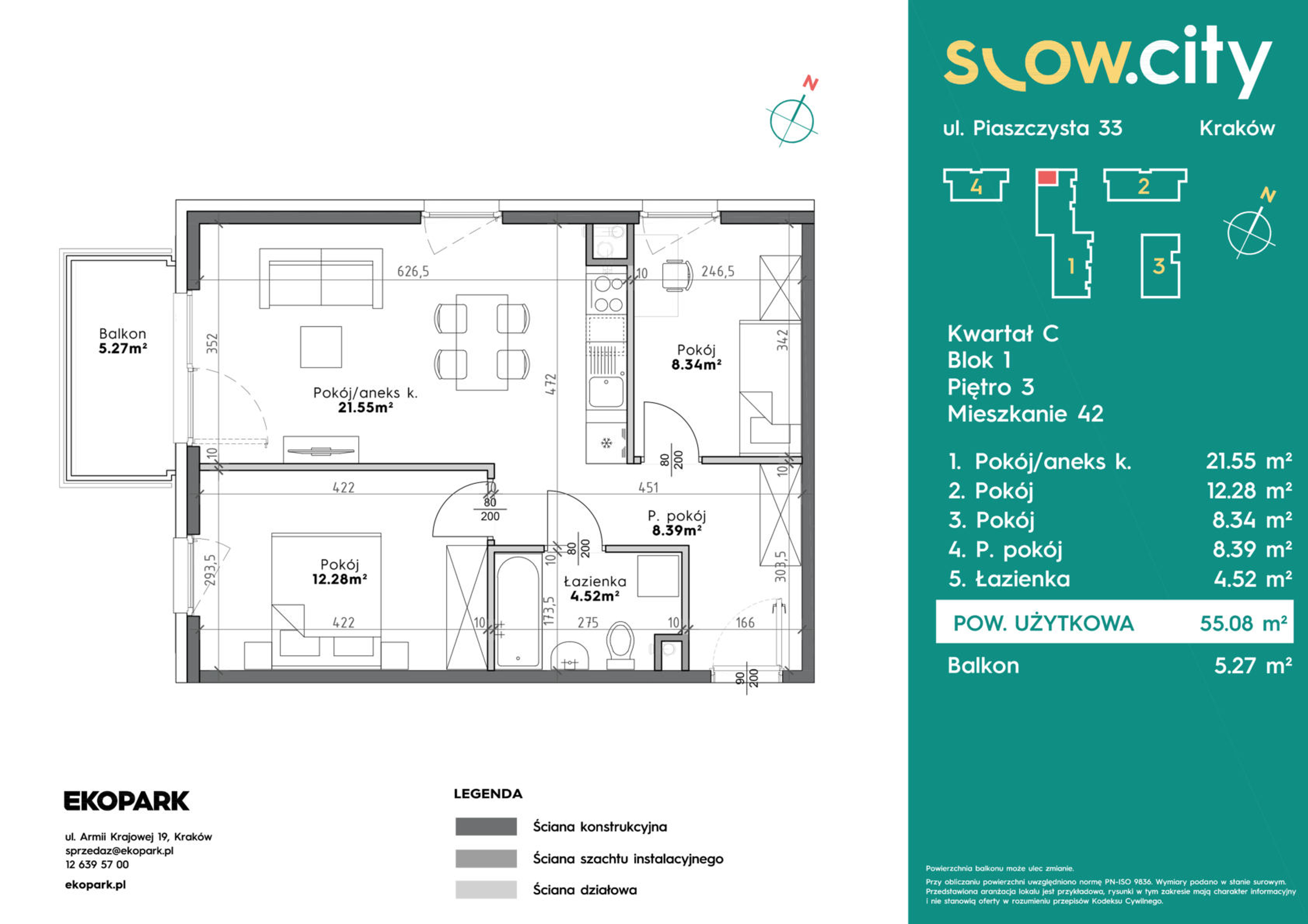 Mieszkanie 55,08 m², piętro 3, oferta nr C1-42, Slow City, Kraków, Prądnik Biały, ul. Piaszczysta-idx