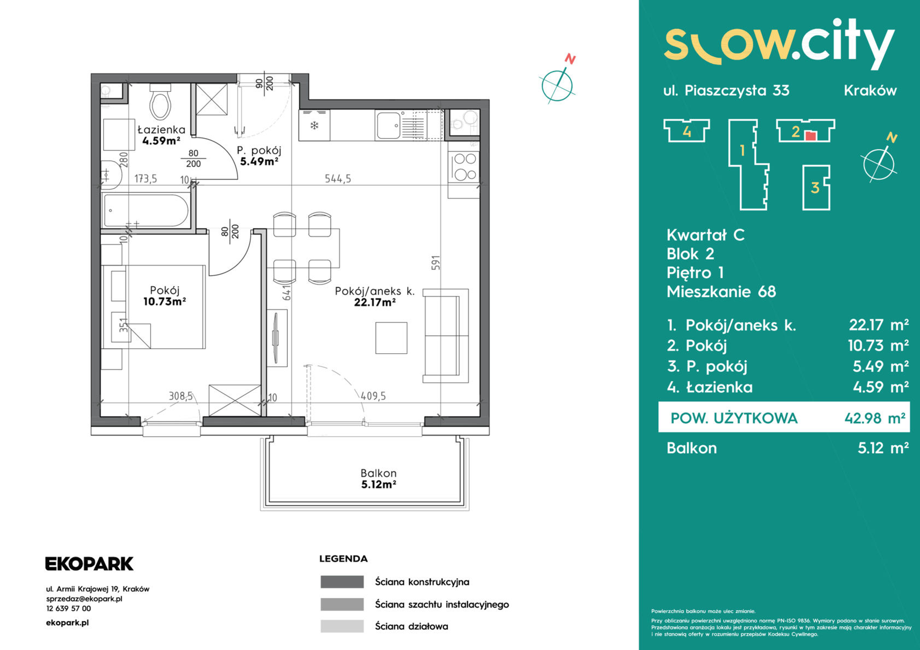 Mieszkanie 42,98 m², piętro 1, oferta nr C2-68, Slow City, Kraków, Prądnik Biały, ul. Piaszczysta-idx