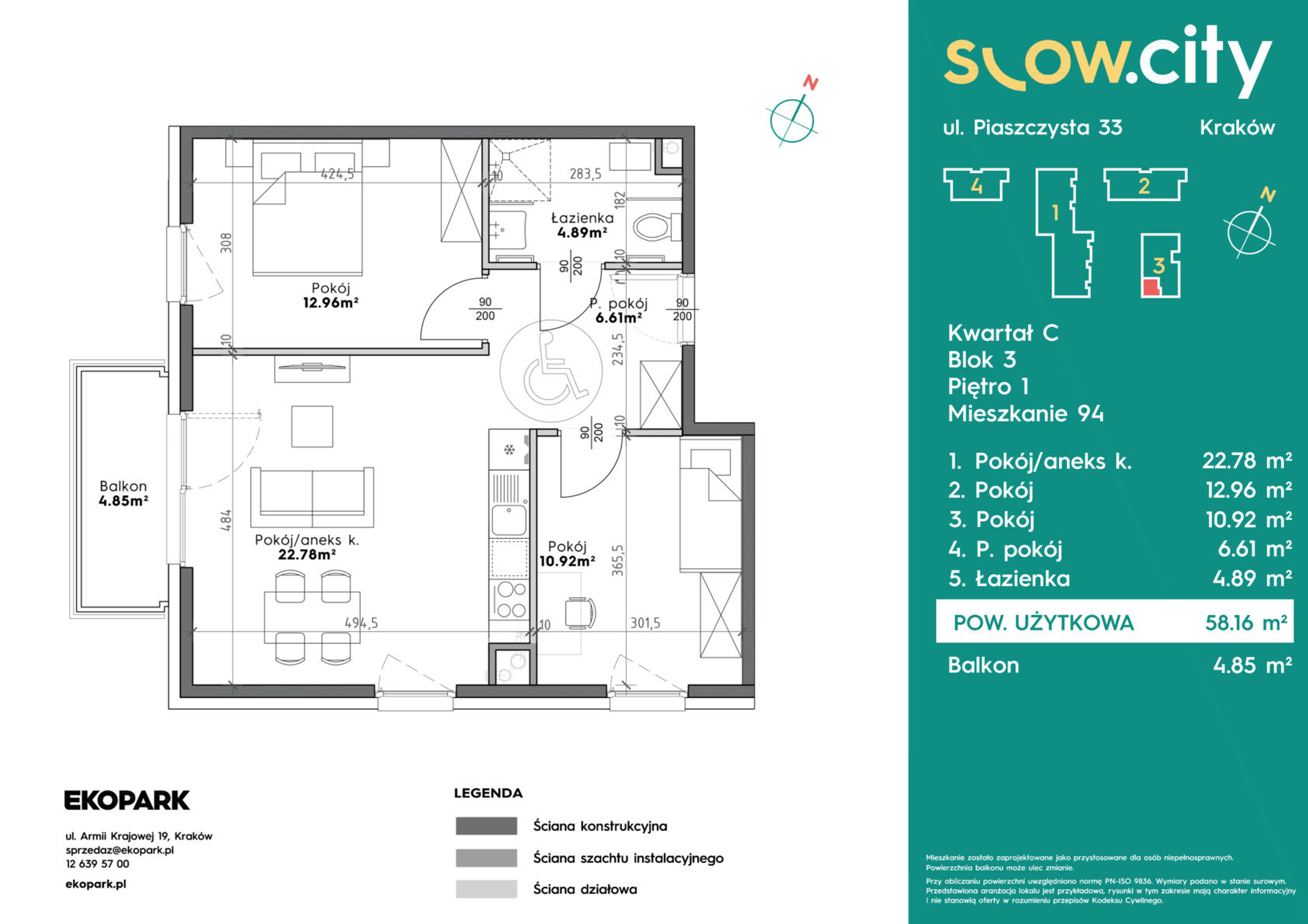 Mieszkanie 58,16 m², piętro 1, oferta nr C3-94, Slow City, Kraków, Prądnik Biały, ul. Piaszczysta-idx