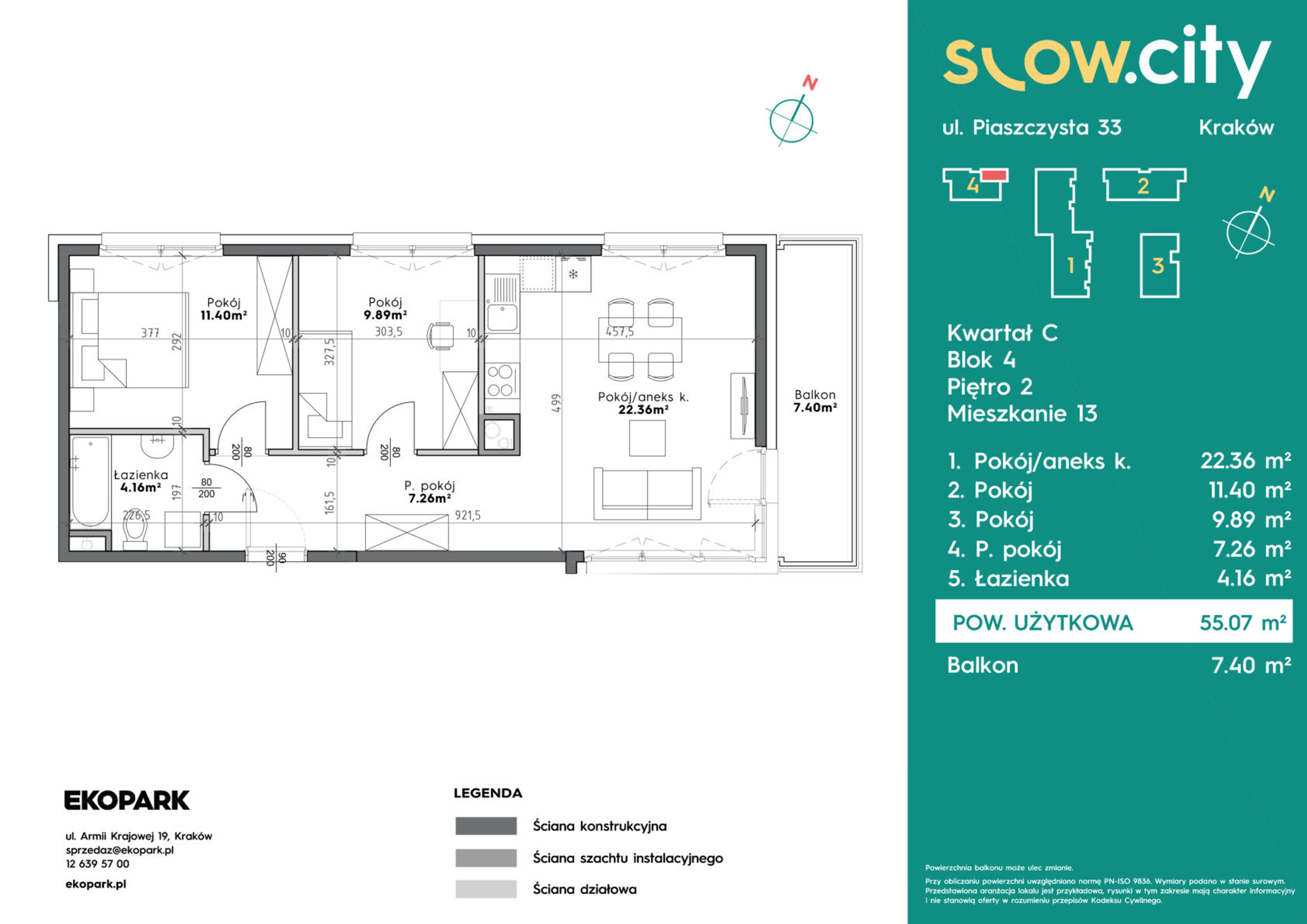 Mieszkanie 55,07 m², piętro 2, oferta nr C4-13, Slow City, Kraków, Prądnik Biały, ul. Piaszczysta-idx