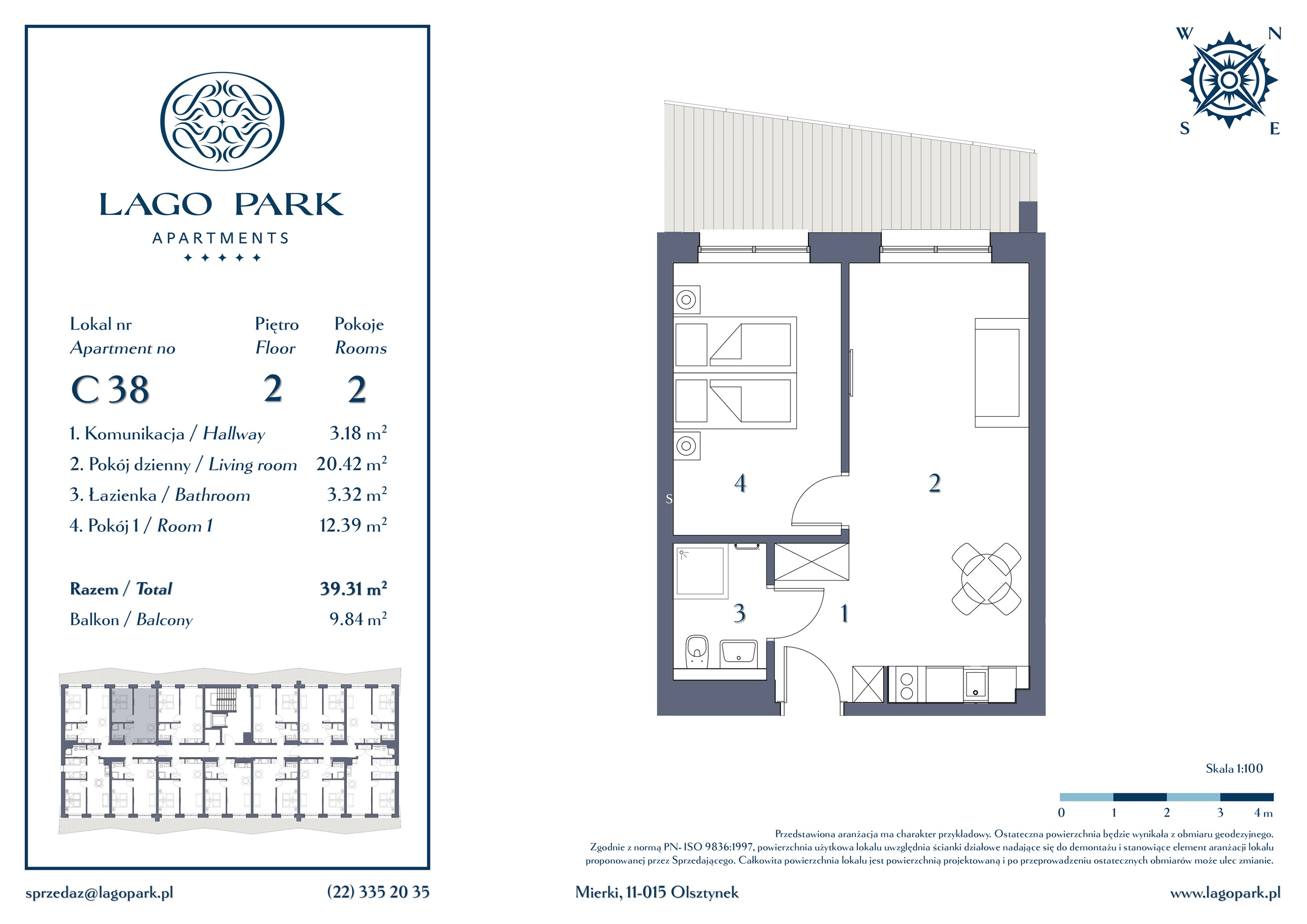 Apartament inwestycyjny 39,31 m², piętro 2, oferta nr C38, Lago Park Apartments by Aries, Mierki, Kołatek 2-idx