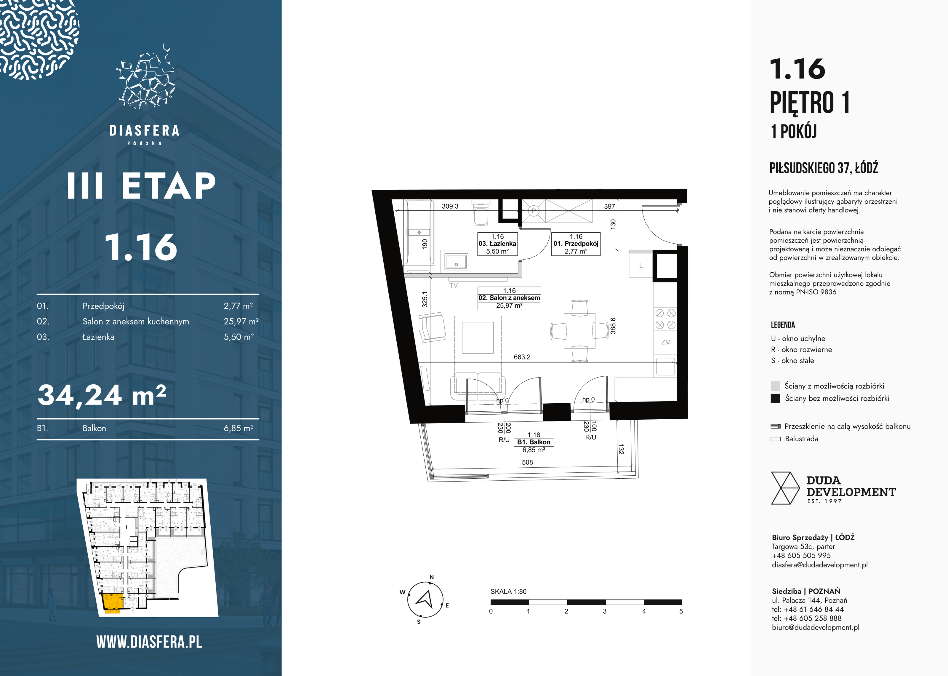 Mieszkanie 34,24 m², piętro 1, oferta nr 1_16, Diasfera III, Łódź, Śródmieście, al. Piłsudskiego 37-idx