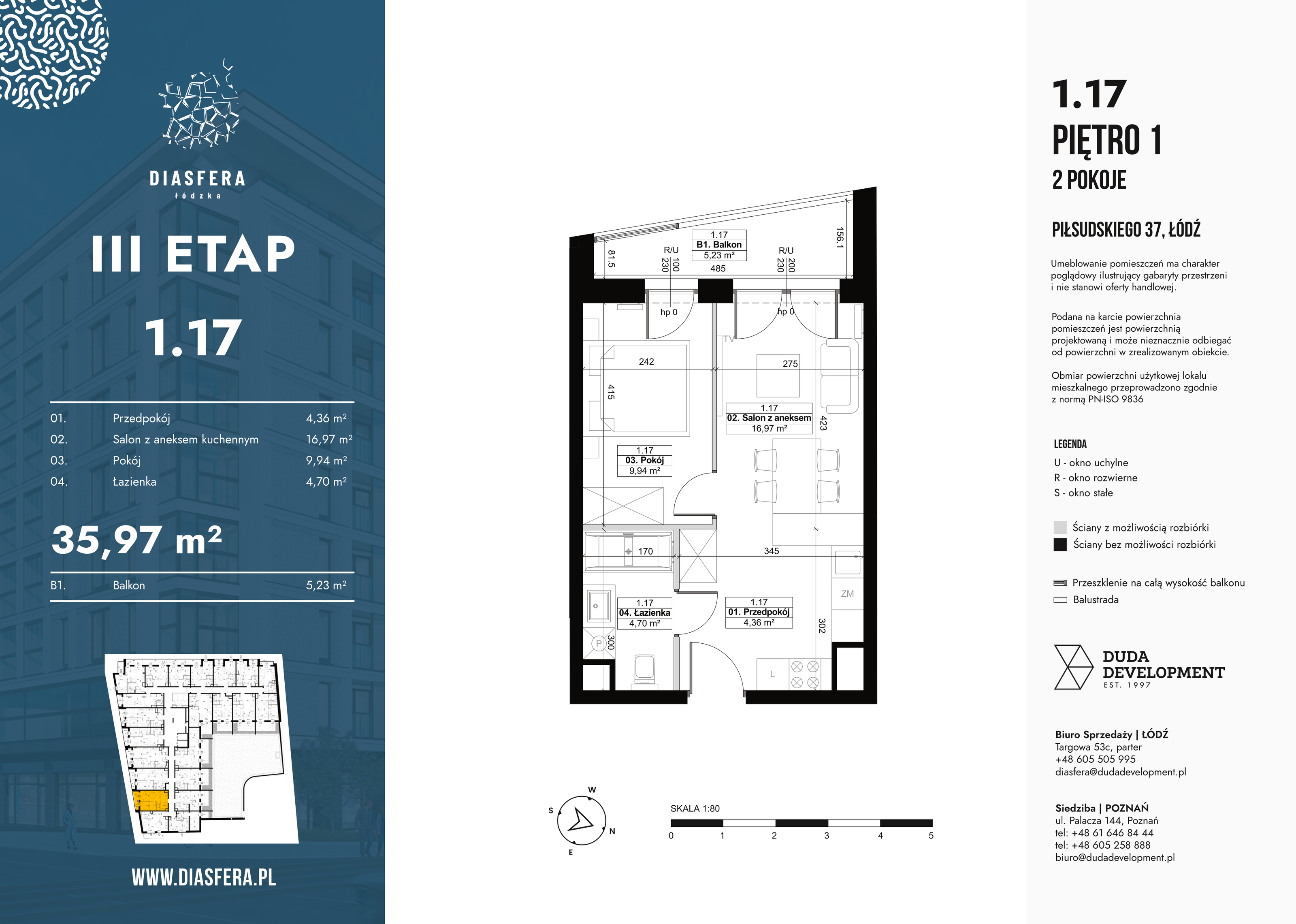 Mieszkanie 35,97 m², piętro 1, oferta nr 1_17, Diasfera III, Łódź, Śródmieście, al. Piłsudskiego 37-idx