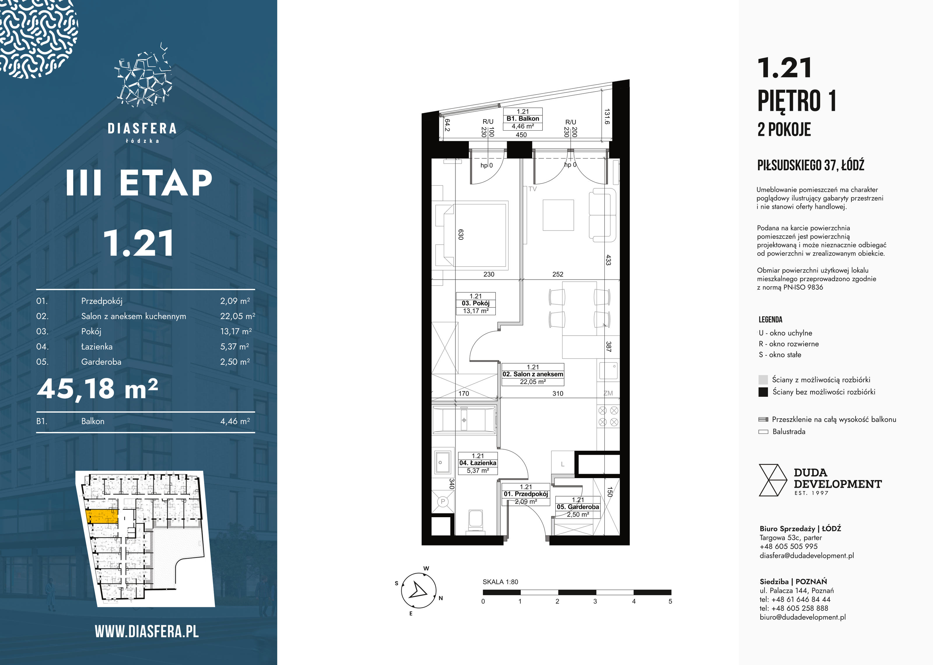 Mieszkanie 45,18 m², piętro 1, oferta nr 1_21, Diasfera III, Łódź, Śródmieście, al. Piłsudskiego 37-idx