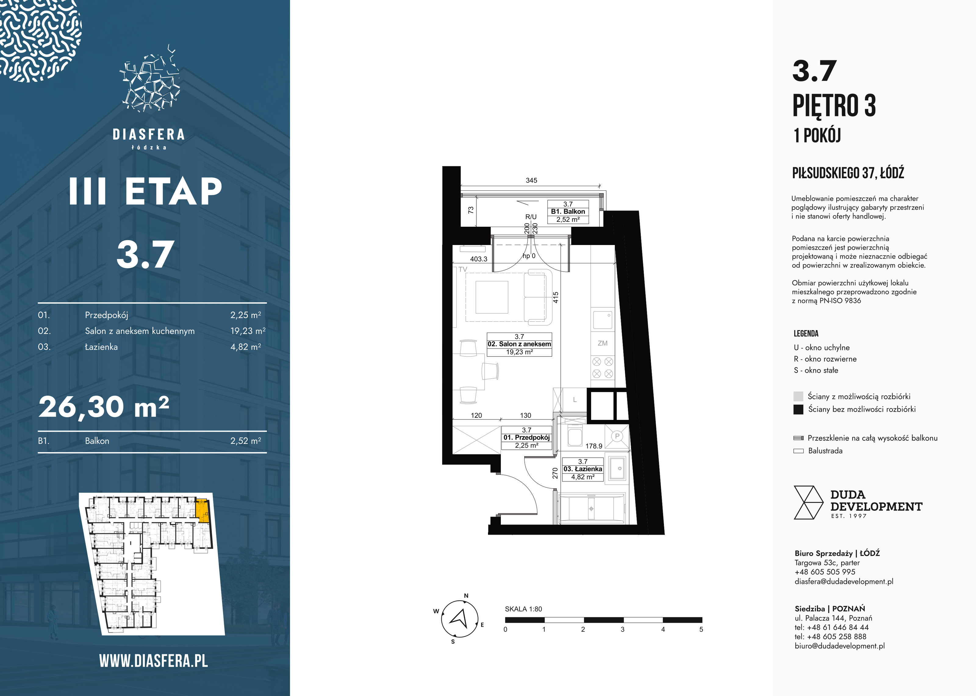 Mieszkanie 26,14 m², piętro 3, oferta nr 3_7, Diasfera III, Łódź, Śródmieście, al. Piłsudskiego 37-idx