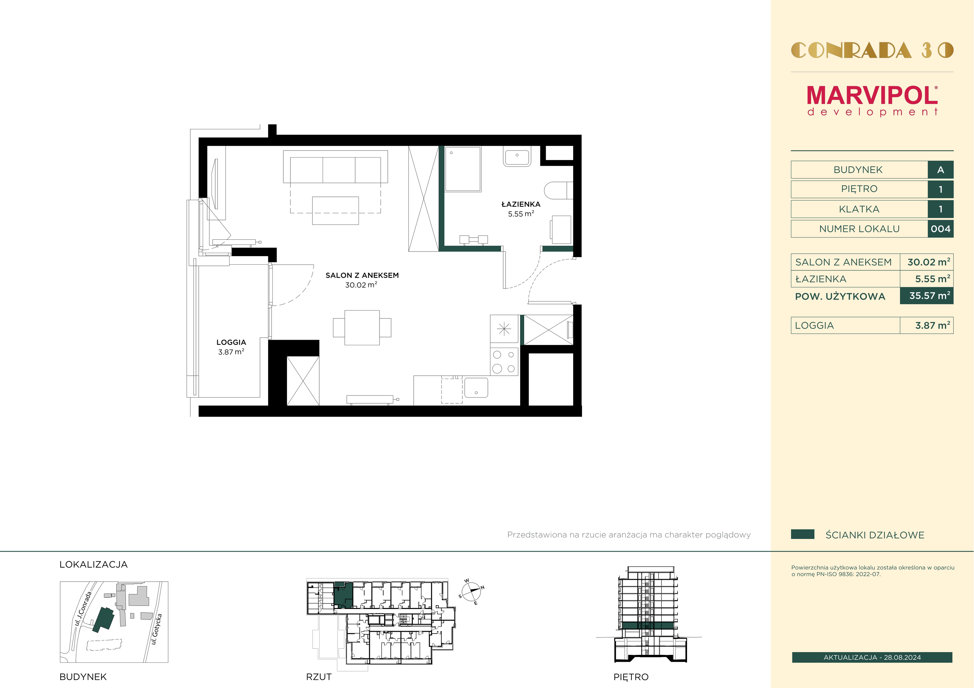 Mieszkanie 35,57 m², piętro 1, oferta nr A004, Conrada 30, Warszawa, Bielany, Chomiczówka, ul. Josepha Conrada 30-idx