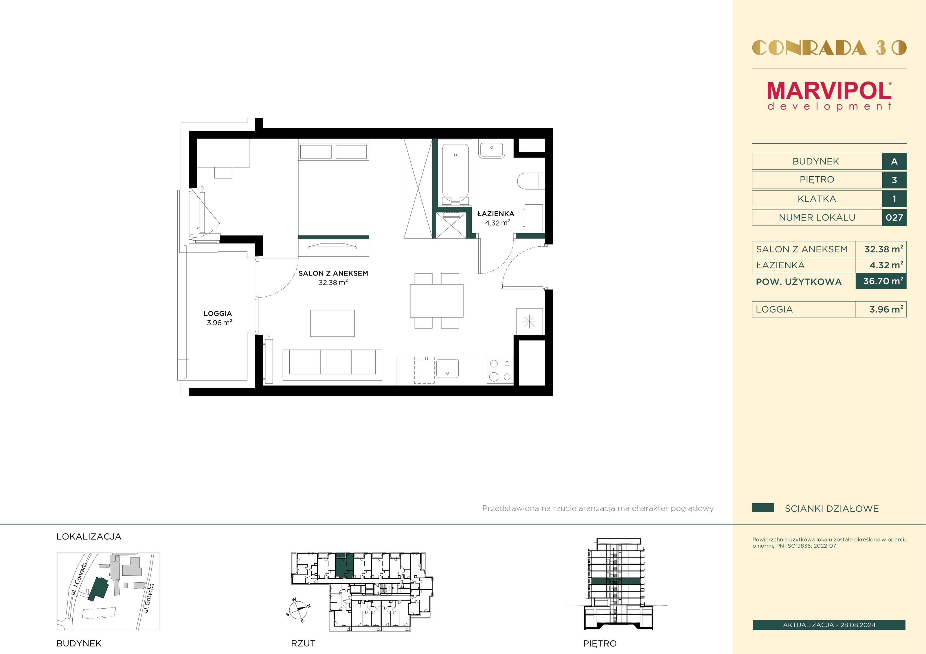 Apartament 36,70 m², piętro 3, oferta nr A027, Conrada 30, Warszawa, Bielany, Chomiczówka, ul. Josepha Conrada 30-idx