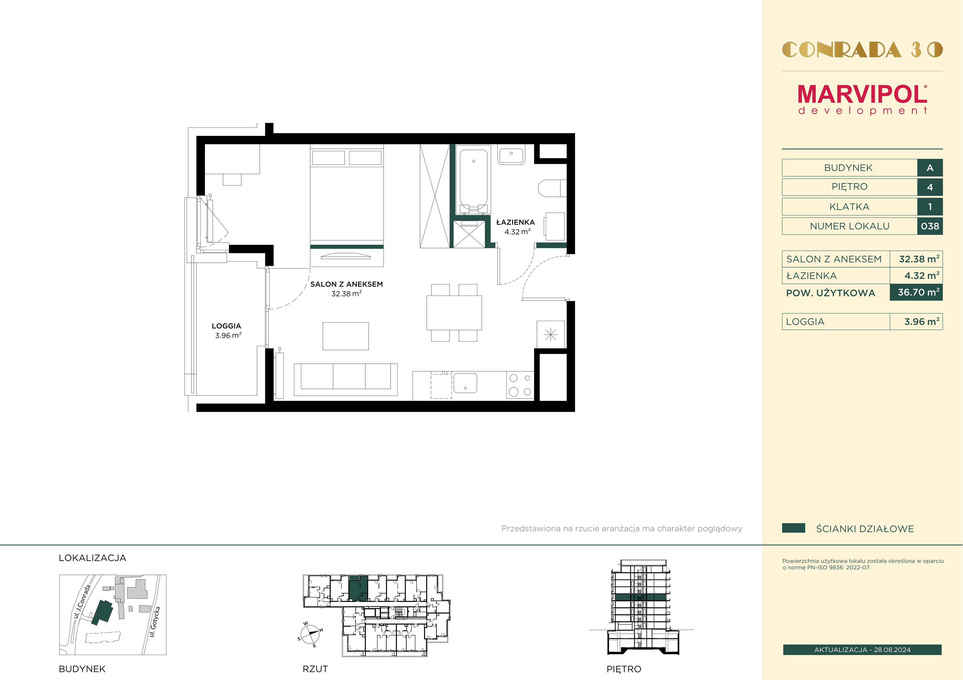 Mieszkanie 36,70 m², piętro 4, oferta nr A038, Conrada 30, Warszawa, Bielany, Chomiczówka, ul. Josepha Conrada 30-idx