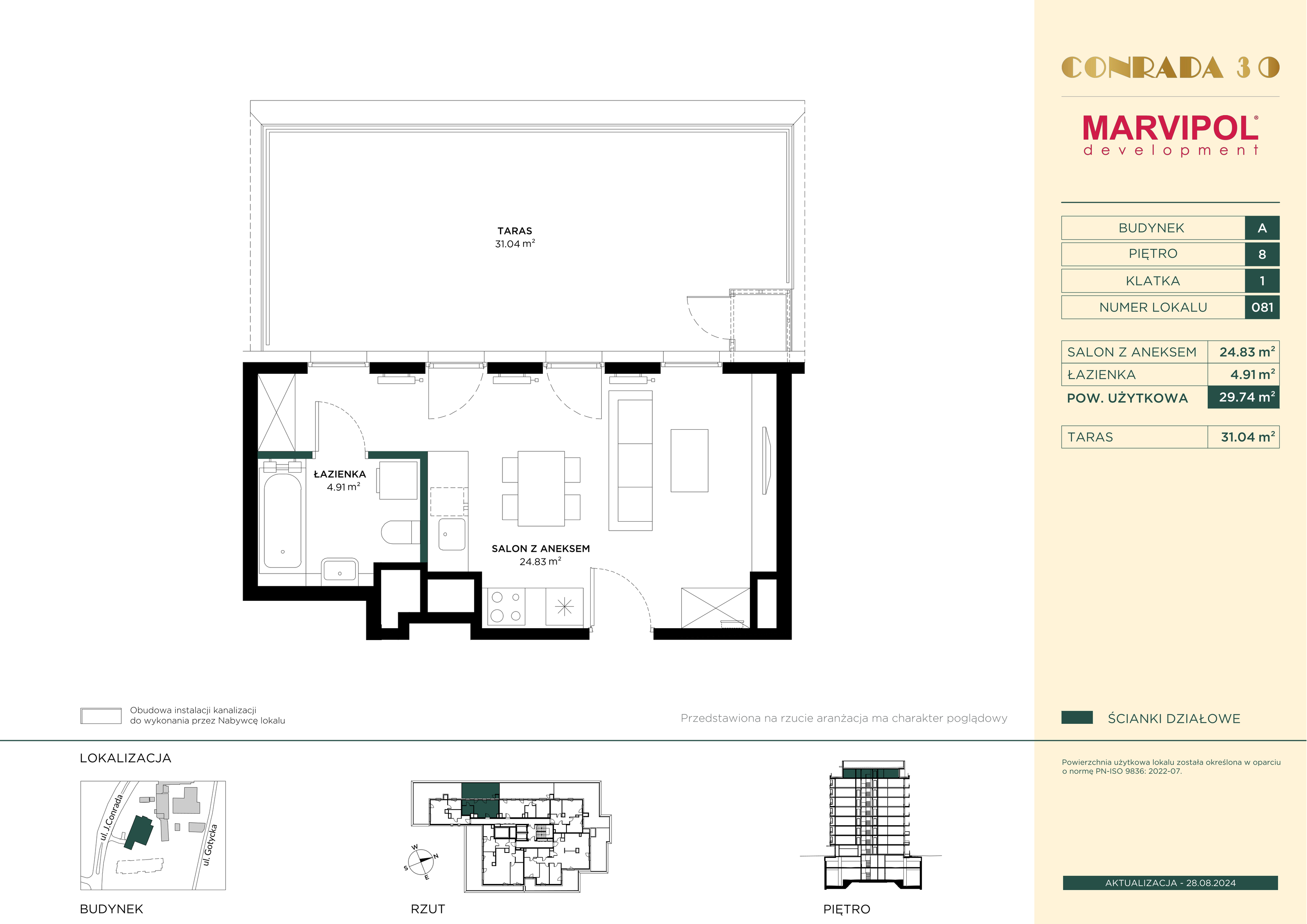 Apartament 29,74 m², piętro 8, oferta nr A081, Conrada 30, Warszawa, Bielany, Chomiczówka, ul. Josepha Conrada 30-idx