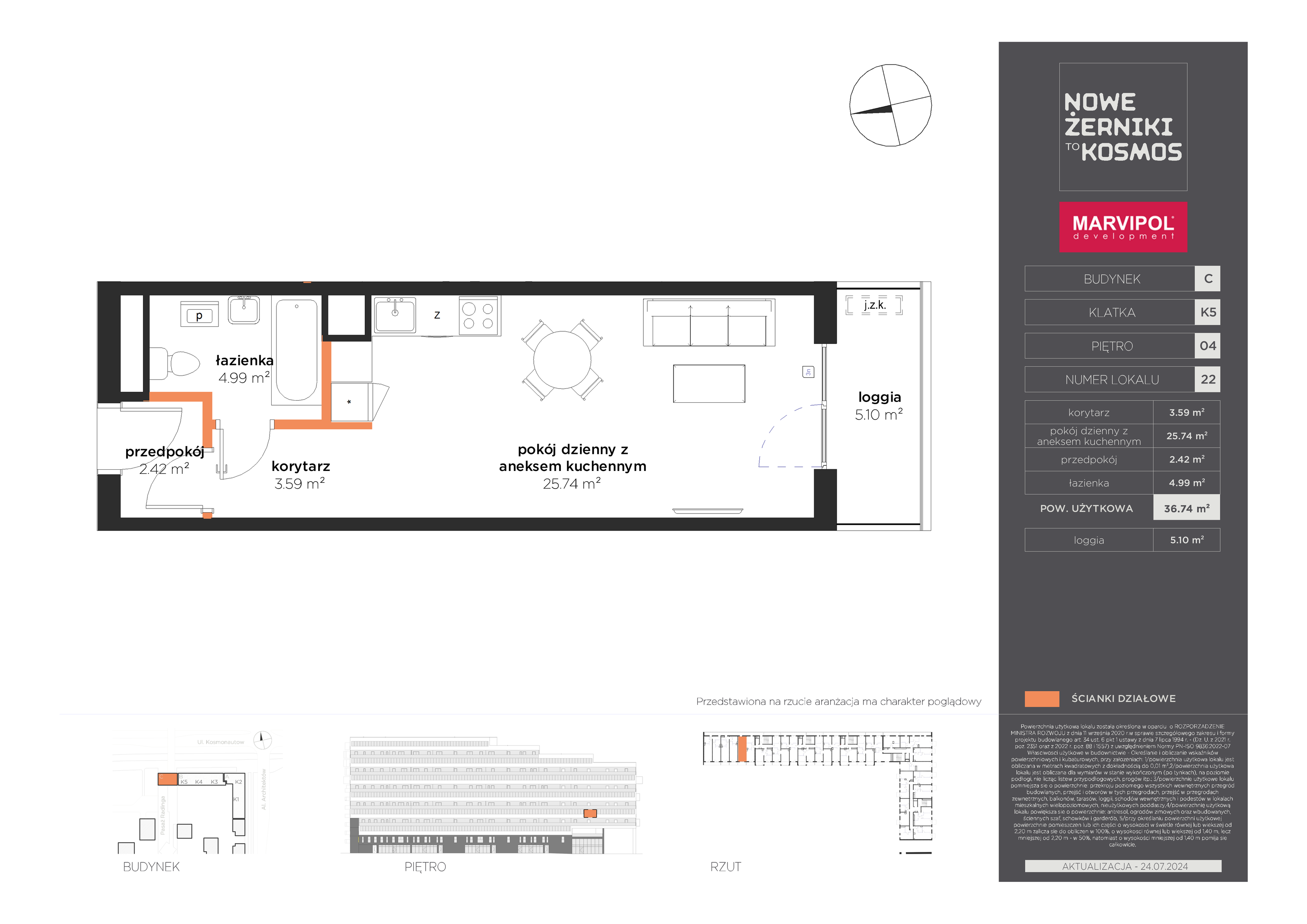 Mieszkanie 36,74 m², piętro 4, oferta nr C-04-22-K5, Nowe Żerniki to KOSMOS, Wrocław, Żerniki, ul. Kosmonautów / al. Architektów-idx