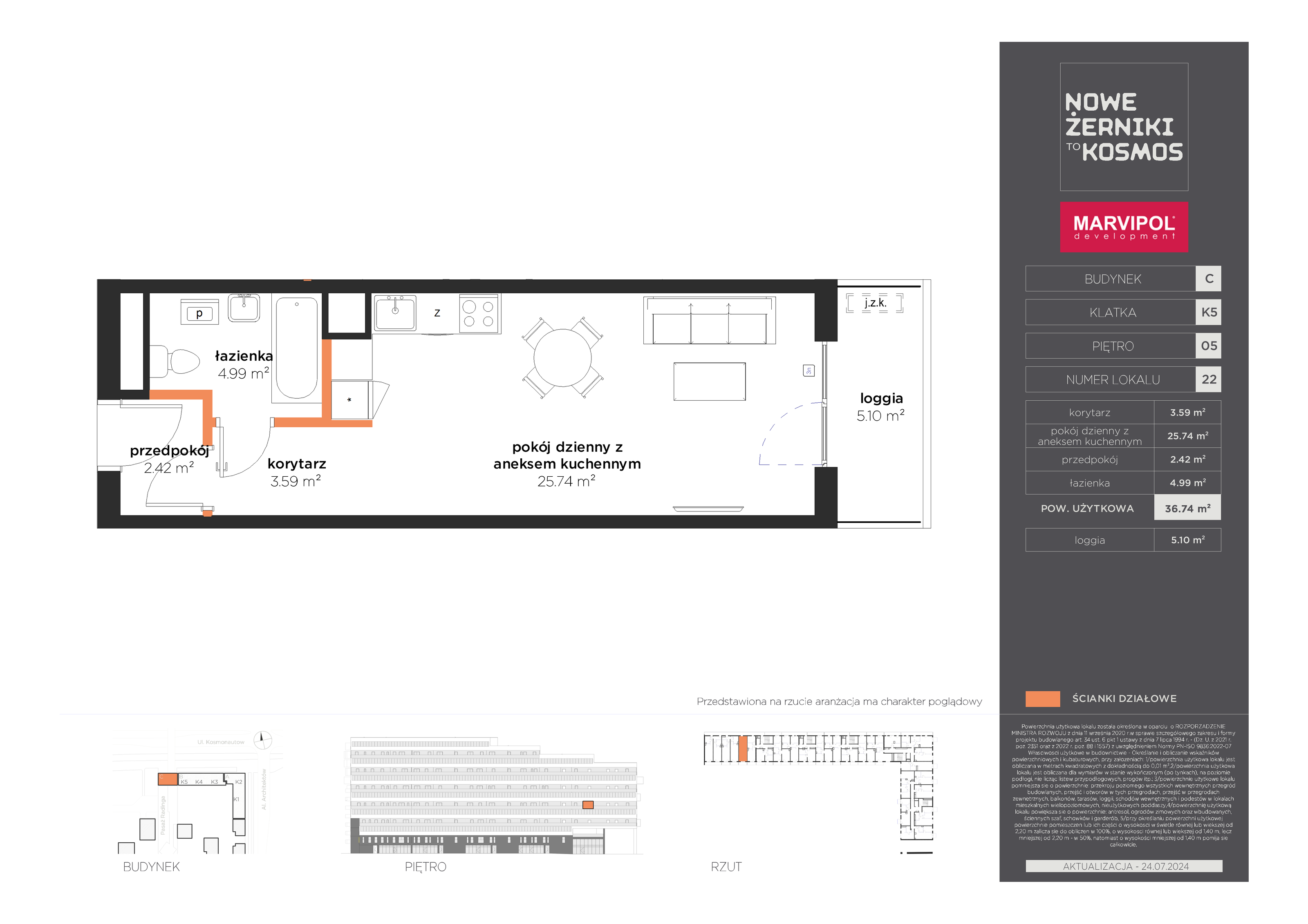 Mieszkanie 36,74 m², piętro 5, oferta nr C-05-22-K5, Nowe Żerniki to KOSMOS, Wrocław, Żerniki, ul. Kosmonautów / al. Architektów-idx