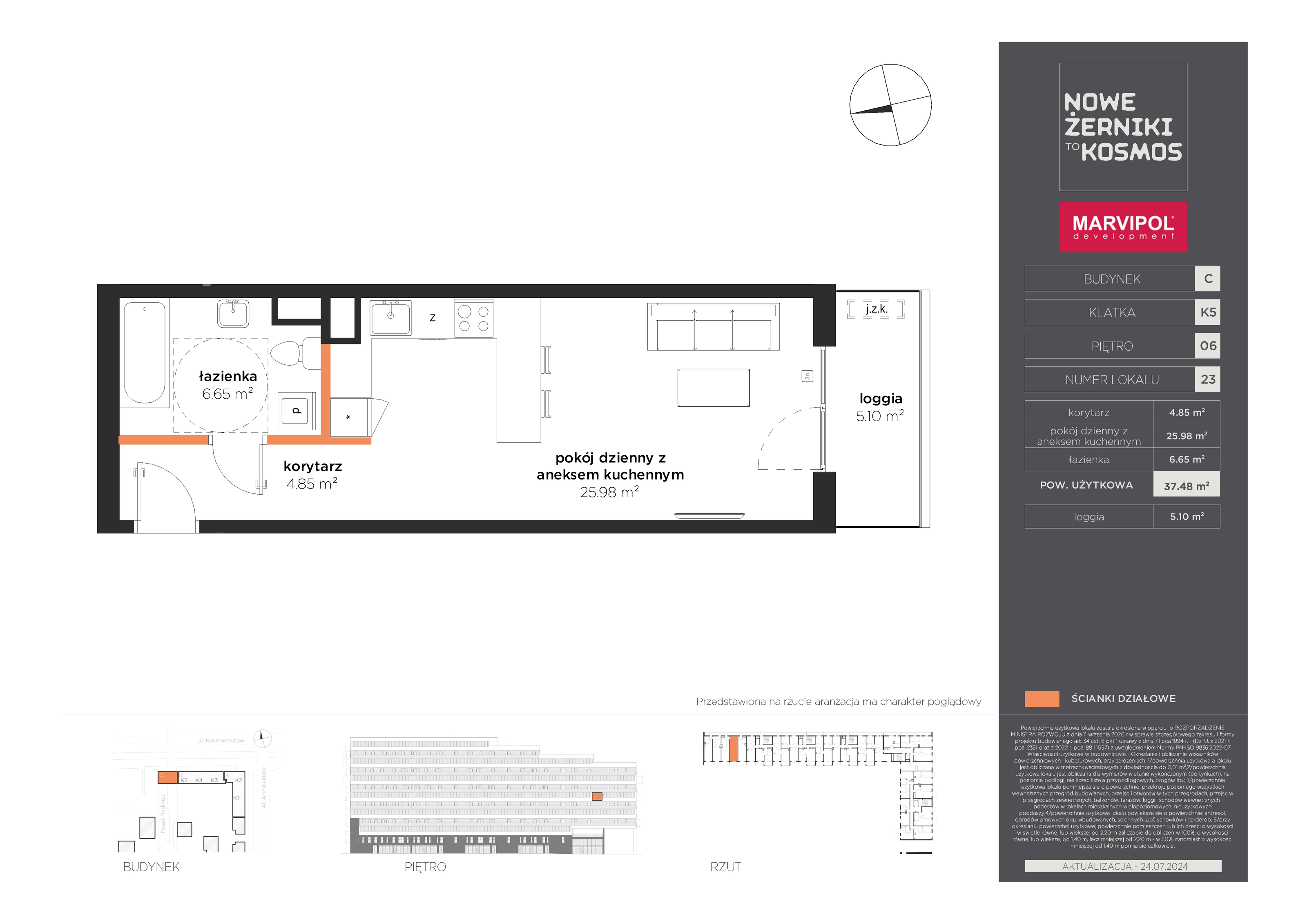 Mieszkanie 37,48 m², piętro 6, oferta nr C-06-23-K5, Nowe Żerniki to KOSMOS, Wrocław, Żerniki, ul. Kosmonautów / al. Architektów-idx