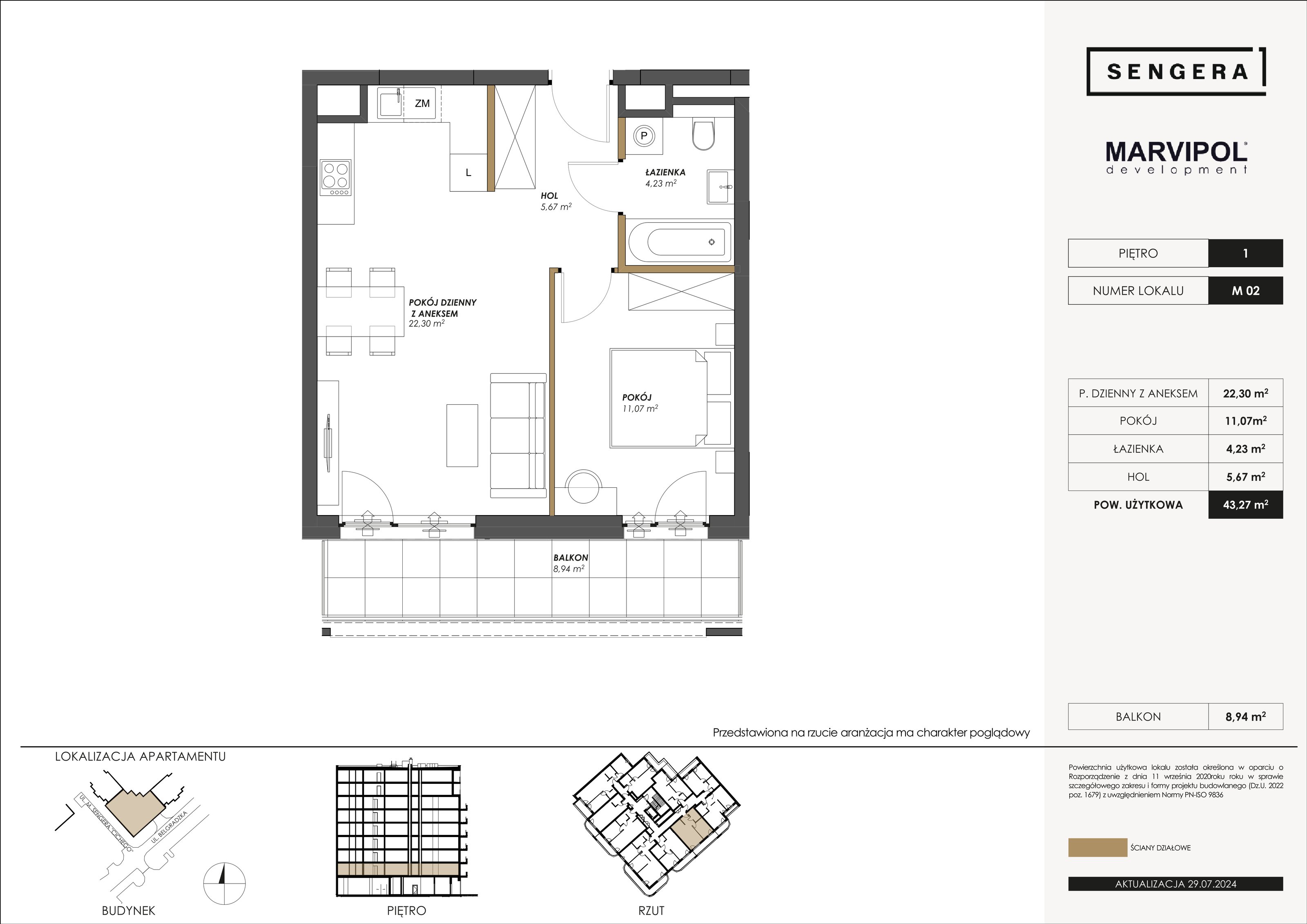 Mieszkanie 43,27 m², piętro 1, oferta nr M02, Sengera 1, Warszawa, Ursynów, Natolin, ul. Mariana Sengera „Cichego” 1-idx