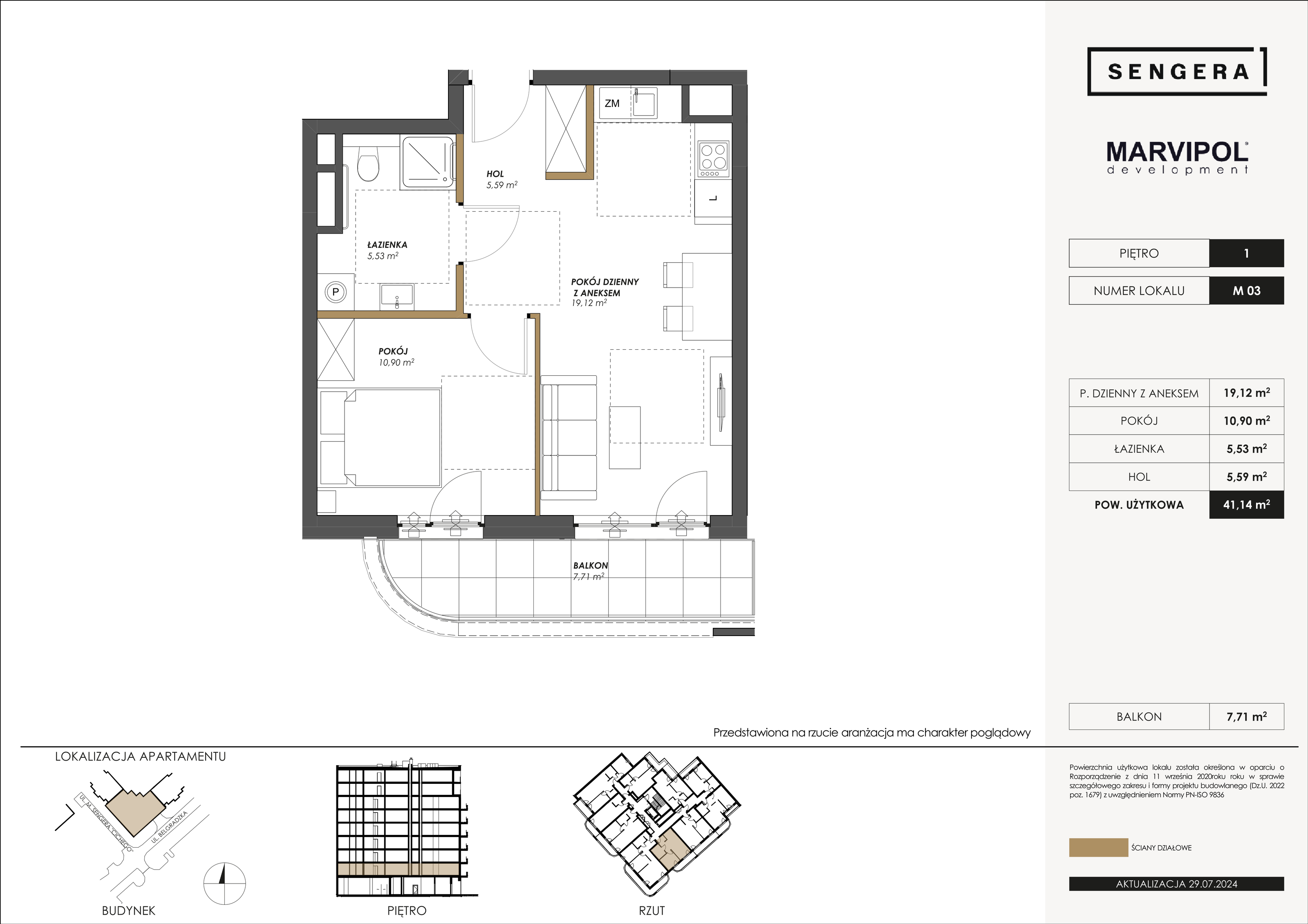 Mieszkanie 41,14 m², piętro 1, oferta nr M03, Sengera 1, Warszawa, Ursynów, Natolin, ul. Mariana Sengera „Cichego” 1-idx