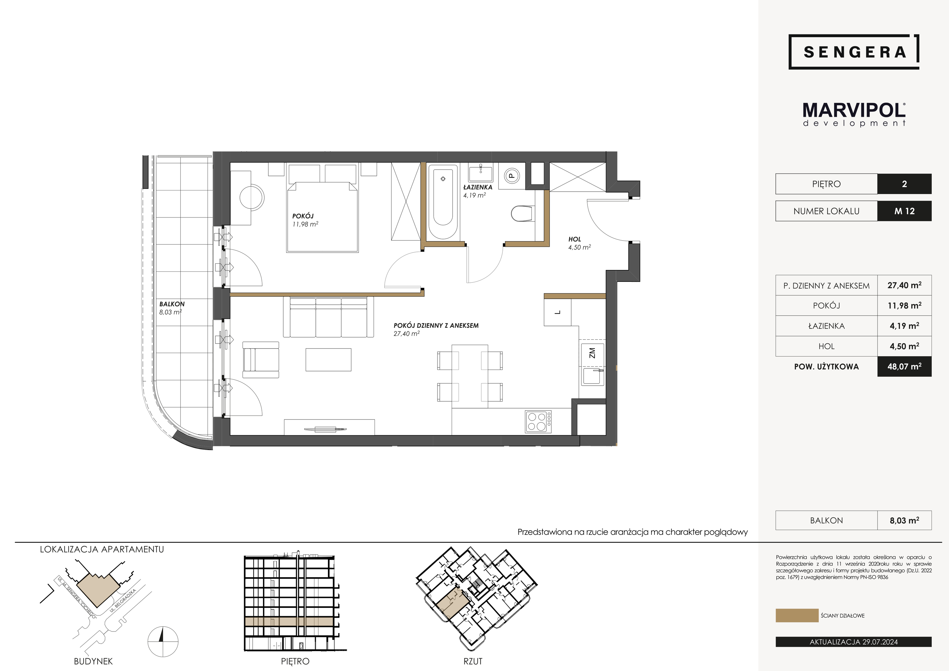 Mieszkanie 48,07 m², piętro 2, oferta nr M12, Sengera 1, Warszawa, Ursynów, Natolin, ul. Mariana Sengera „Cichego” 1-idx