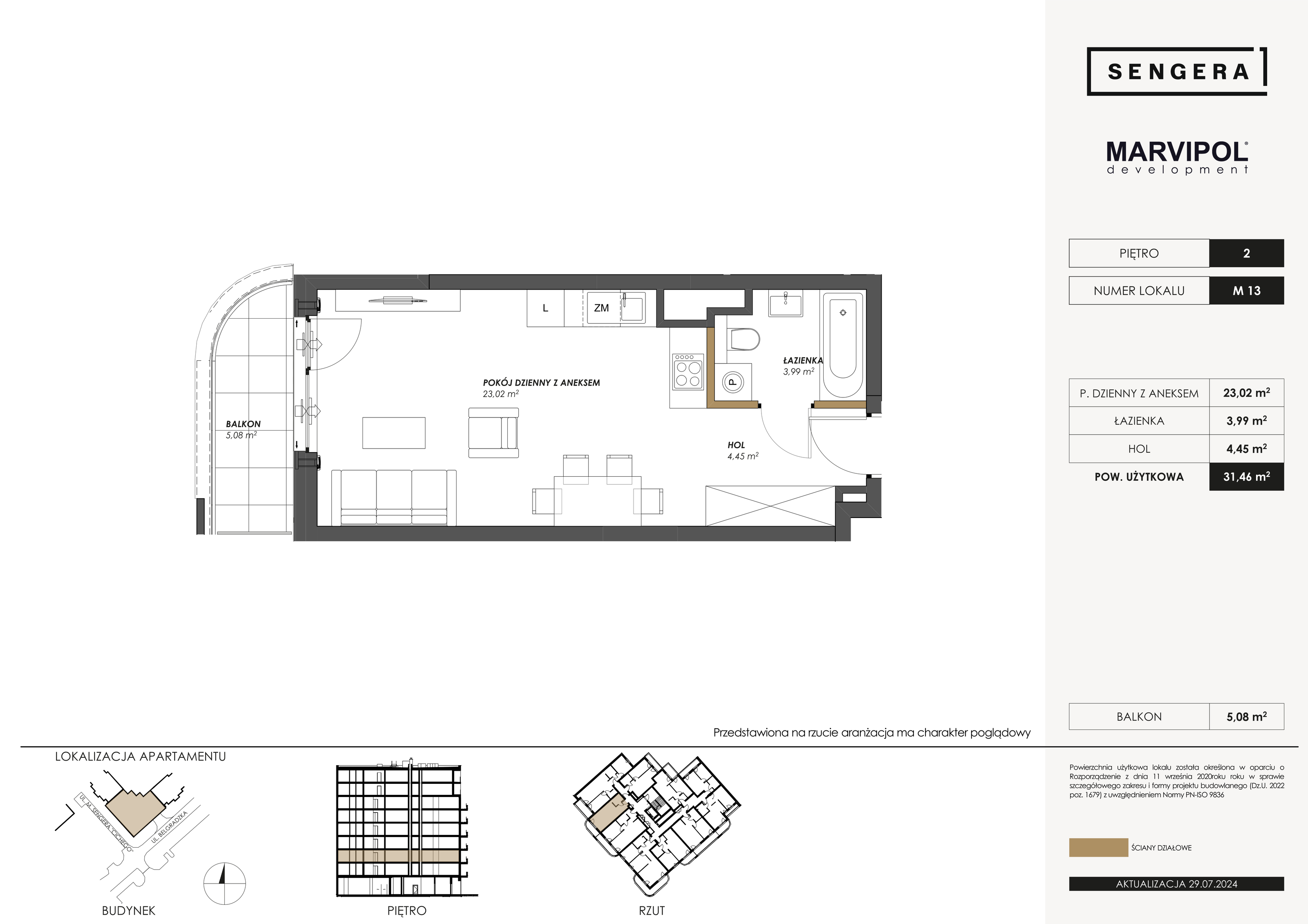 Mieszkanie 31,46 m², piętro 2, oferta nr M13, Sengera 1, Warszawa, Ursynów, Natolin, ul. Mariana Sengera „Cichego” 1-idx