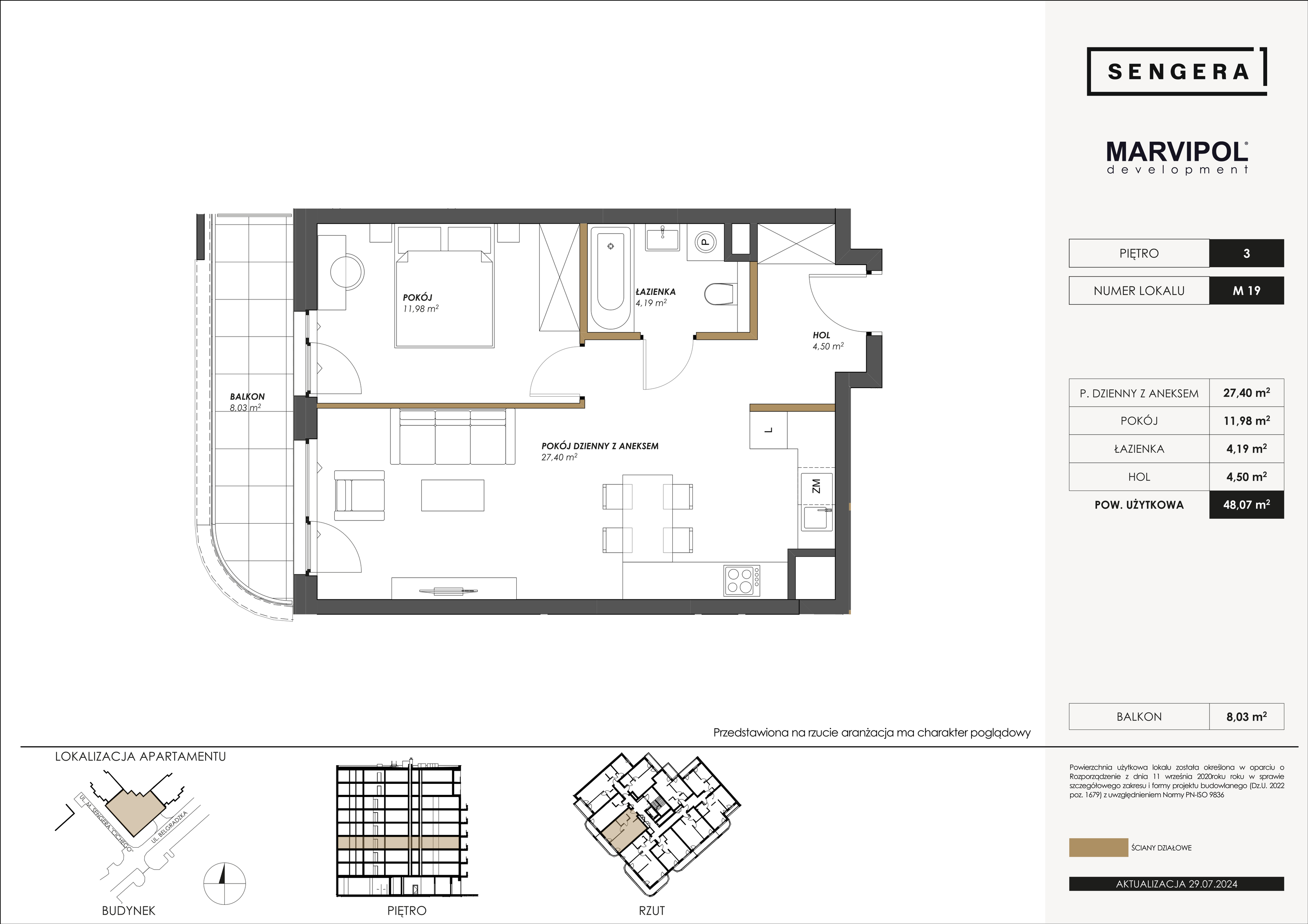 Mieszkanie 48,07 m², piętro 3, oferta nr M19, Sengera 1, Warszawa, Ursynów, Natolin, ul. Mariana Sengera „Cichego” 1-idx