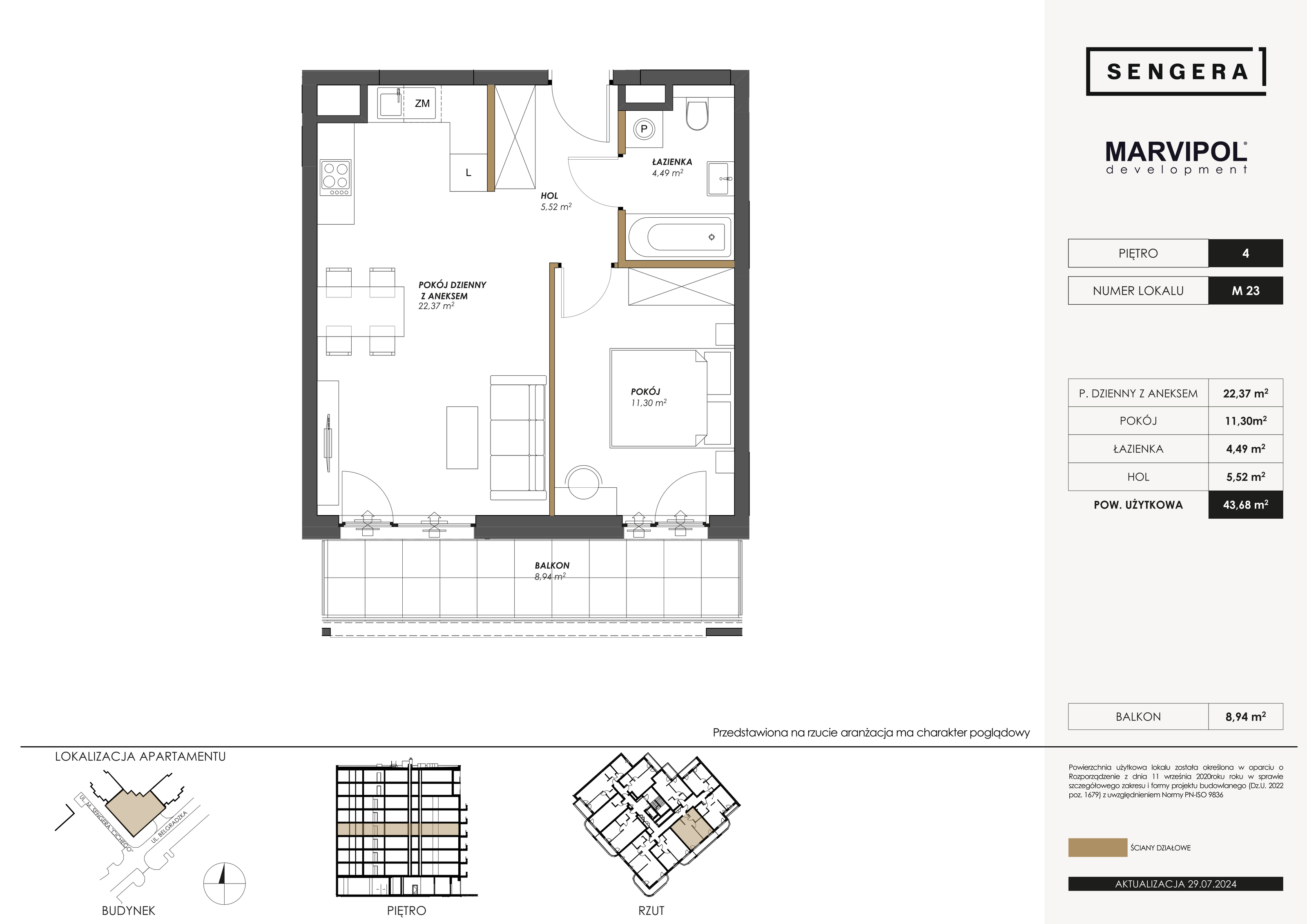 Mieszkanie 43,68 m², piętro 4, oferta nr M23, Sengera 1, Warszawa, Ursynów, Natolin, ul. Mariana Sengera „Cichego” 1-idx