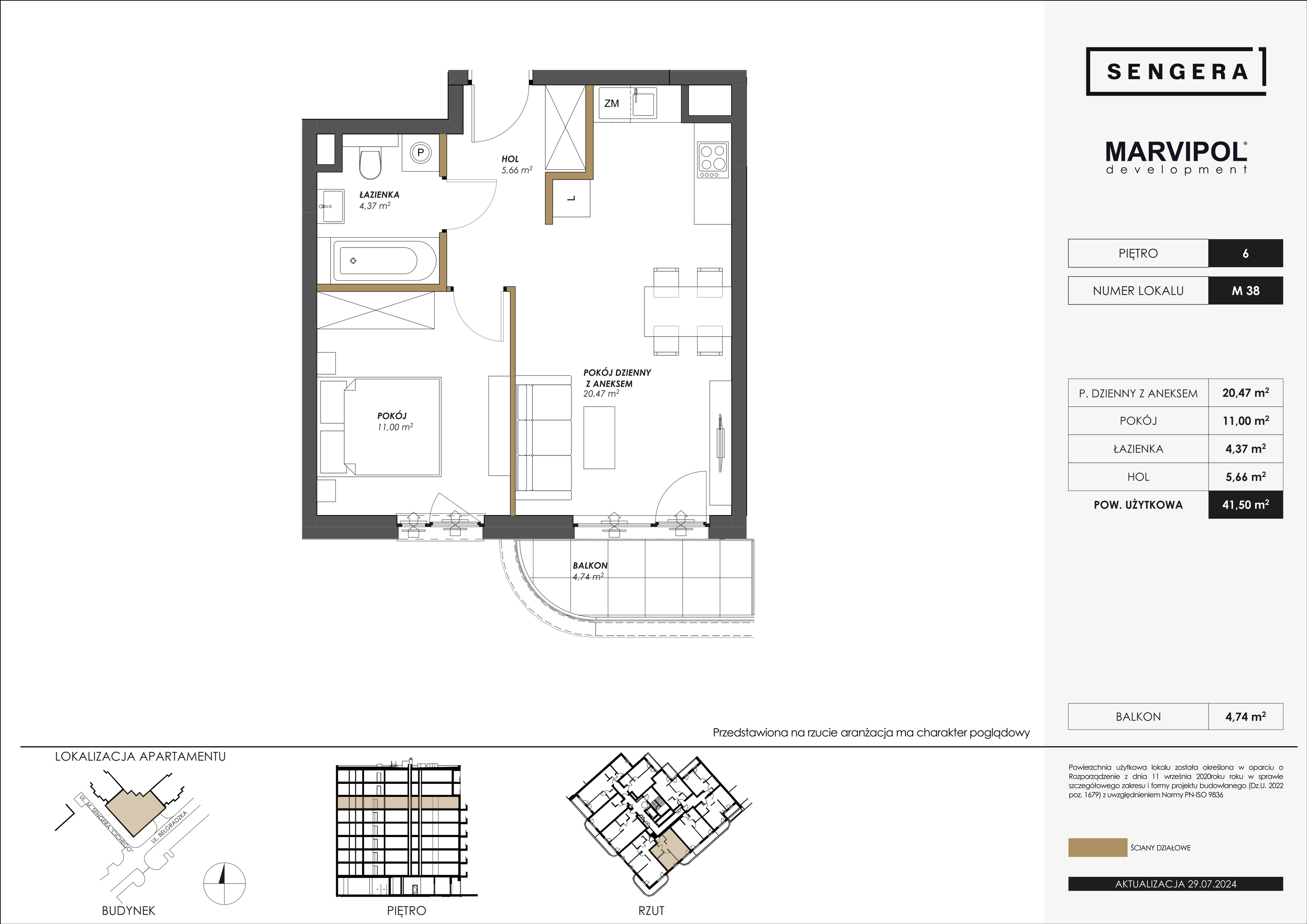 Mieszkanie 41,50 m², piętro 6, oferta nr M38, Sengera 1, Warszawa, Ursynów, Natolin, ul. Mariana Sengera „Cichego” 1-idx