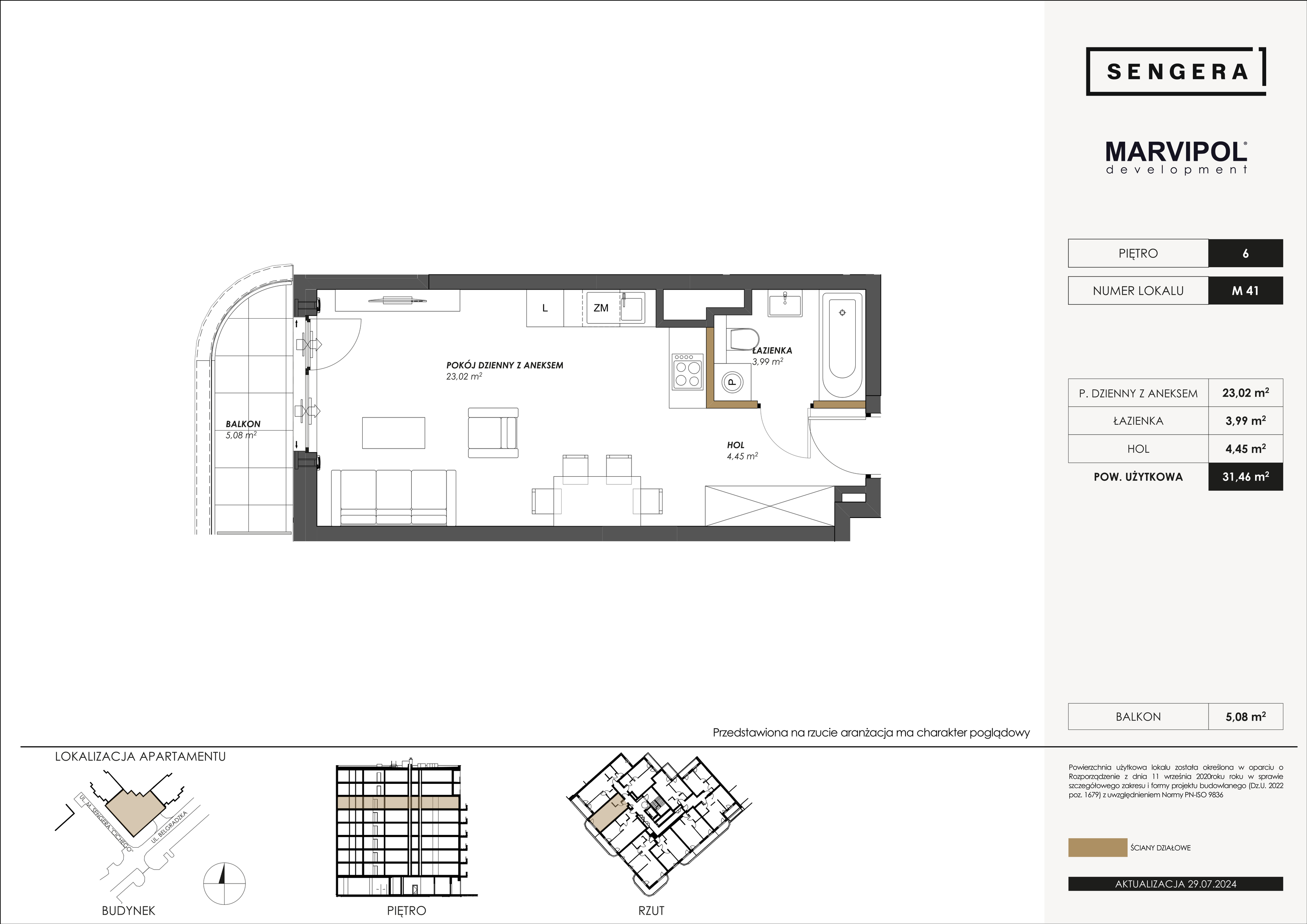 Mieszkanie 31,46 m², piętro 6, oferta nr M41, Sengera 1, Warszawa, Ursynów, Natolin, ul. Mariana Sengera „Cichego” 1-idx