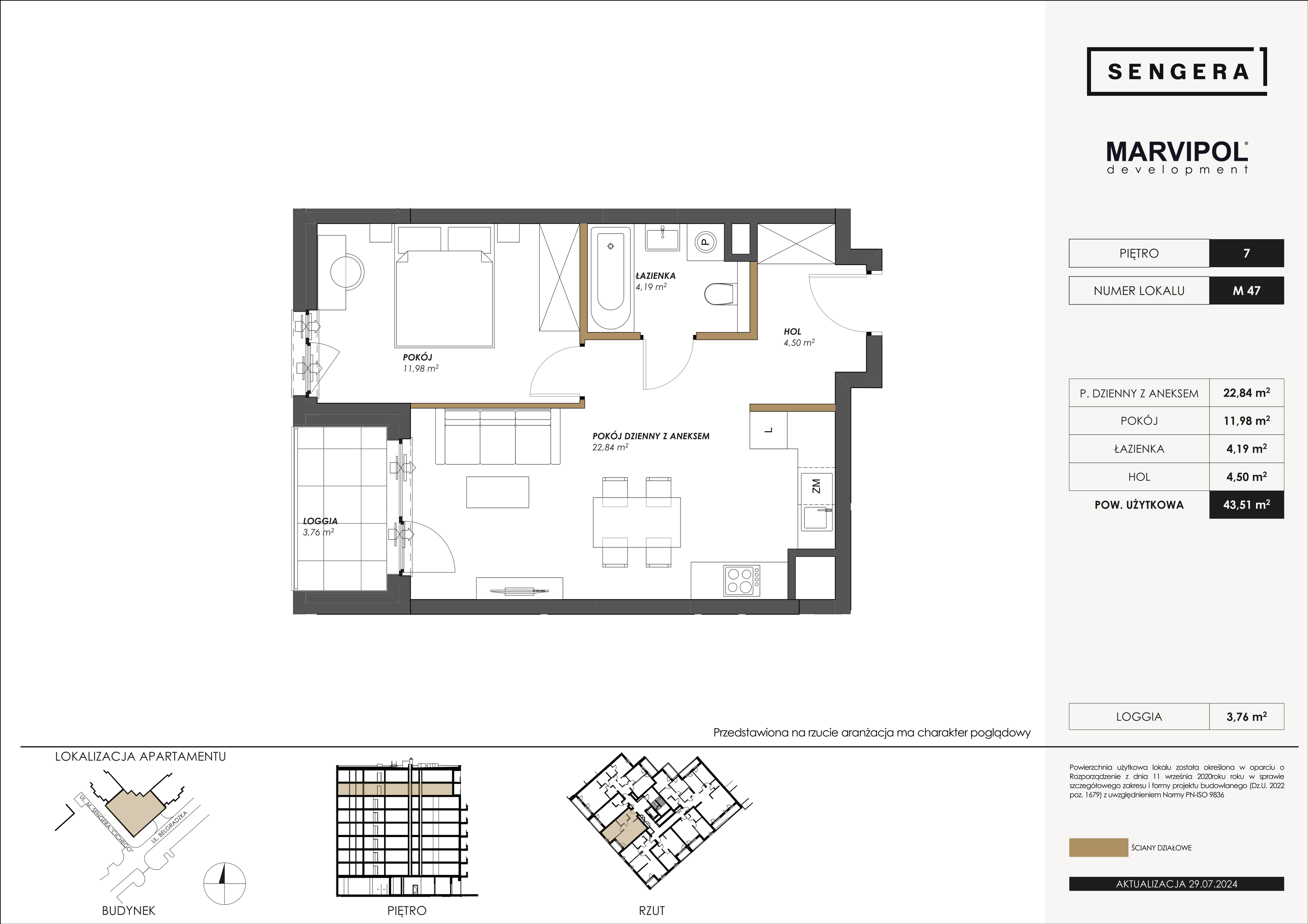 Mieszkanie 43,51 m², piętro 7, oferta nr M47, Sengera 1, Warszawa, Ursynów, Natolin, ul. Mariana Sengera „Cichego” 1-idx