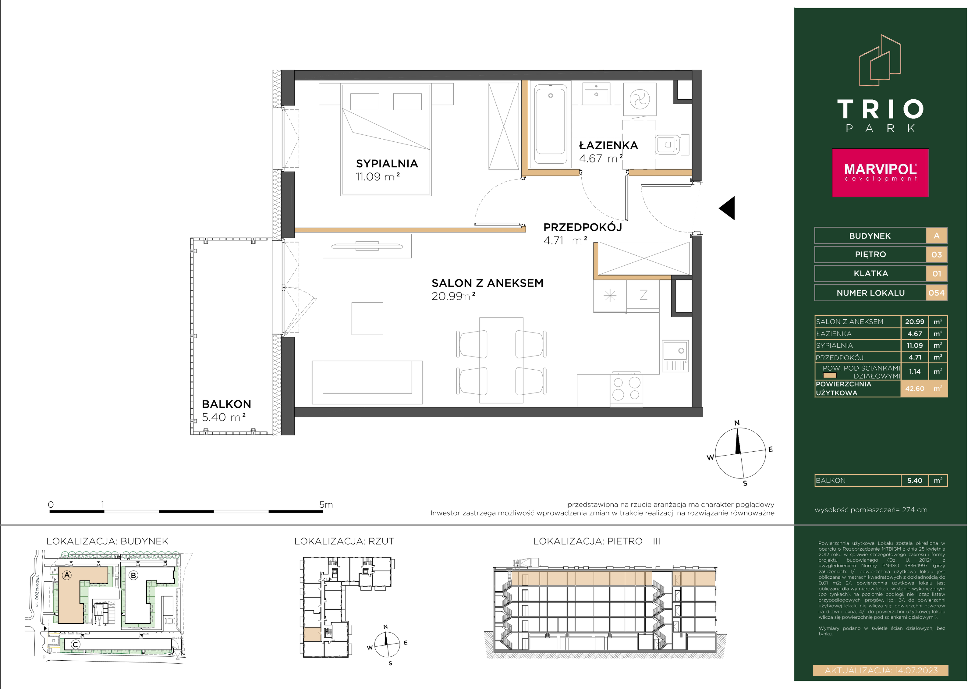 Mieszkanie 42,60 m², piętro 3, oferta nr A054, Trio Park, Wrocław, Klecina, Krzyki, ul. Dożynkowa-idx