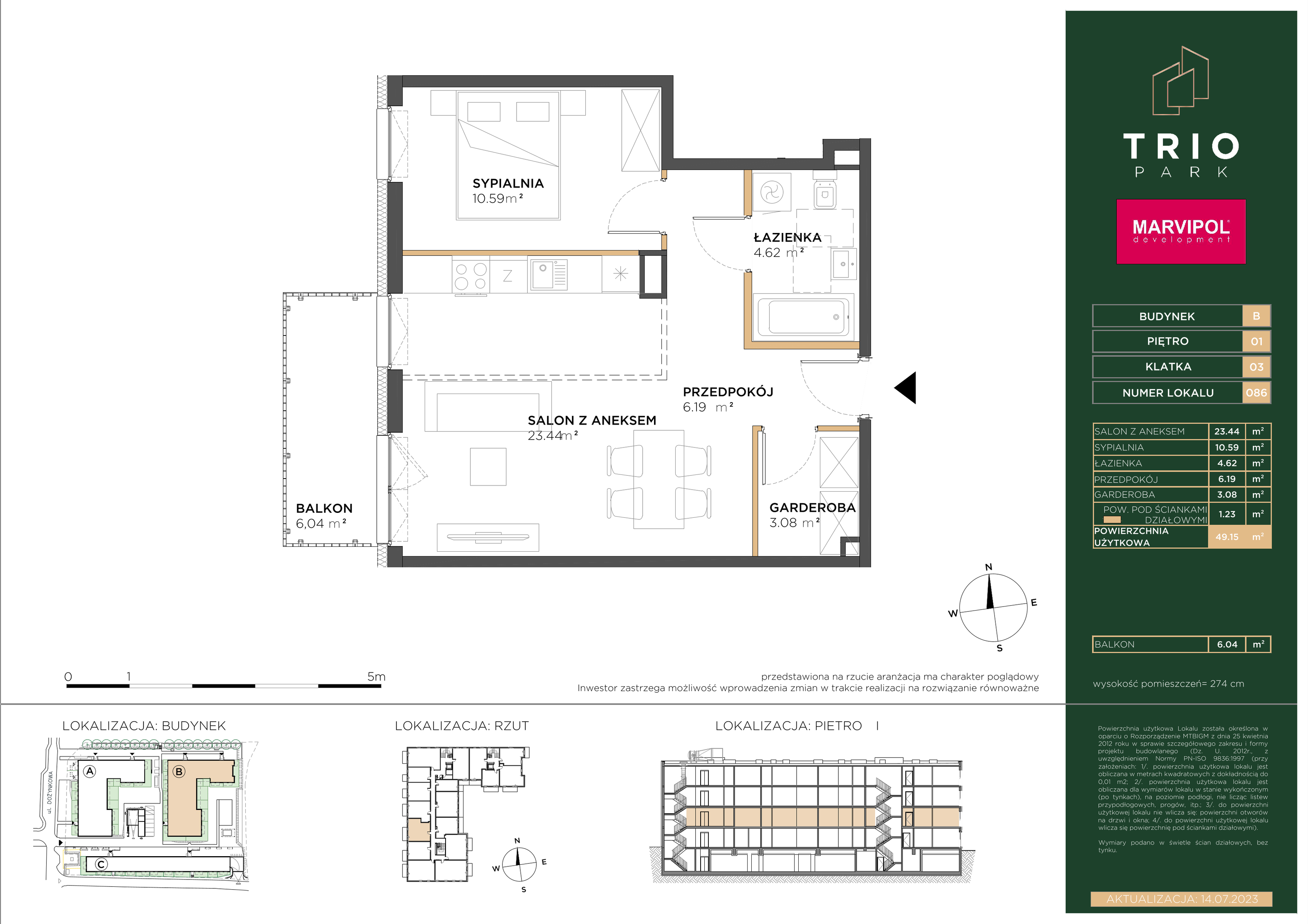 Mieszkanie 49,15 m², piętro 1, oferta nr B086, Trio Park, Wrocław, Klecina, Krzyki, ul. Dożynkowa-idx