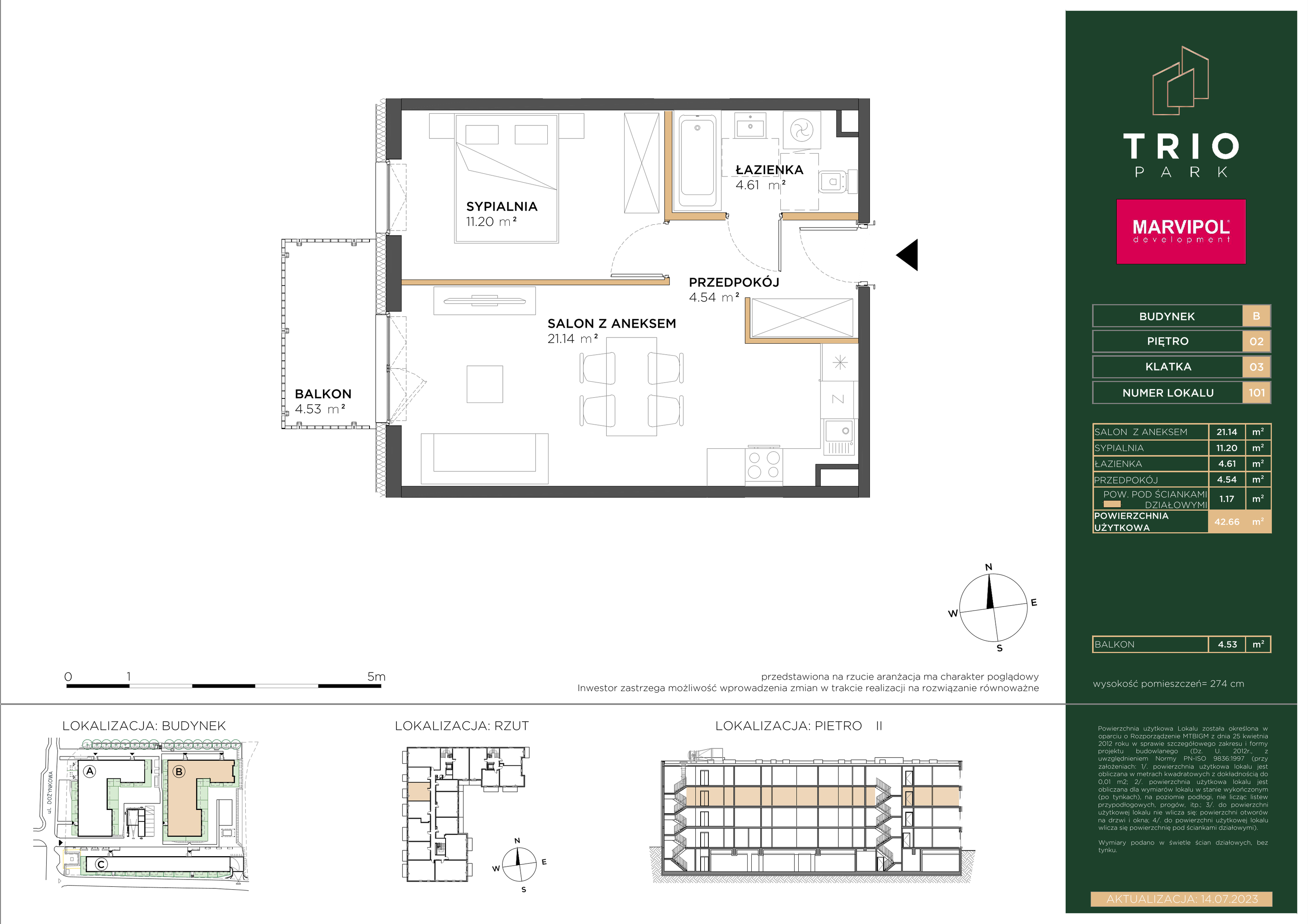 Mieszkanie 42,66 m², piętro 2, oferta nr B101, Trio Park, Wrocław, Klecina, Krzyki, ul. Dożynkowa-idx