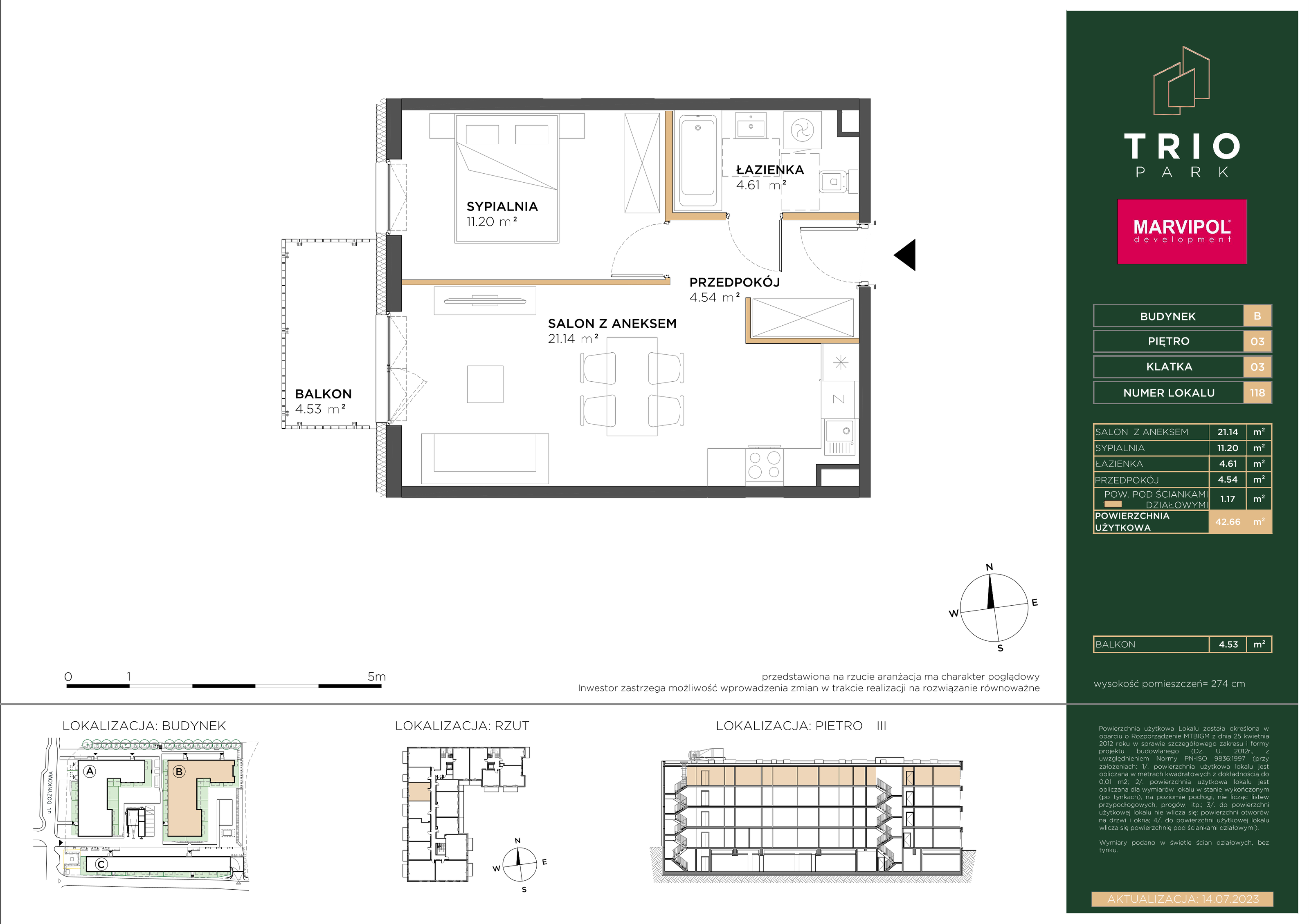 Mieszkanie 42,66 m², piętro 3, oferta nr B118, Trio Park, Wrocław, Klecina, Krzyki, ul. Dożynkowa-idx