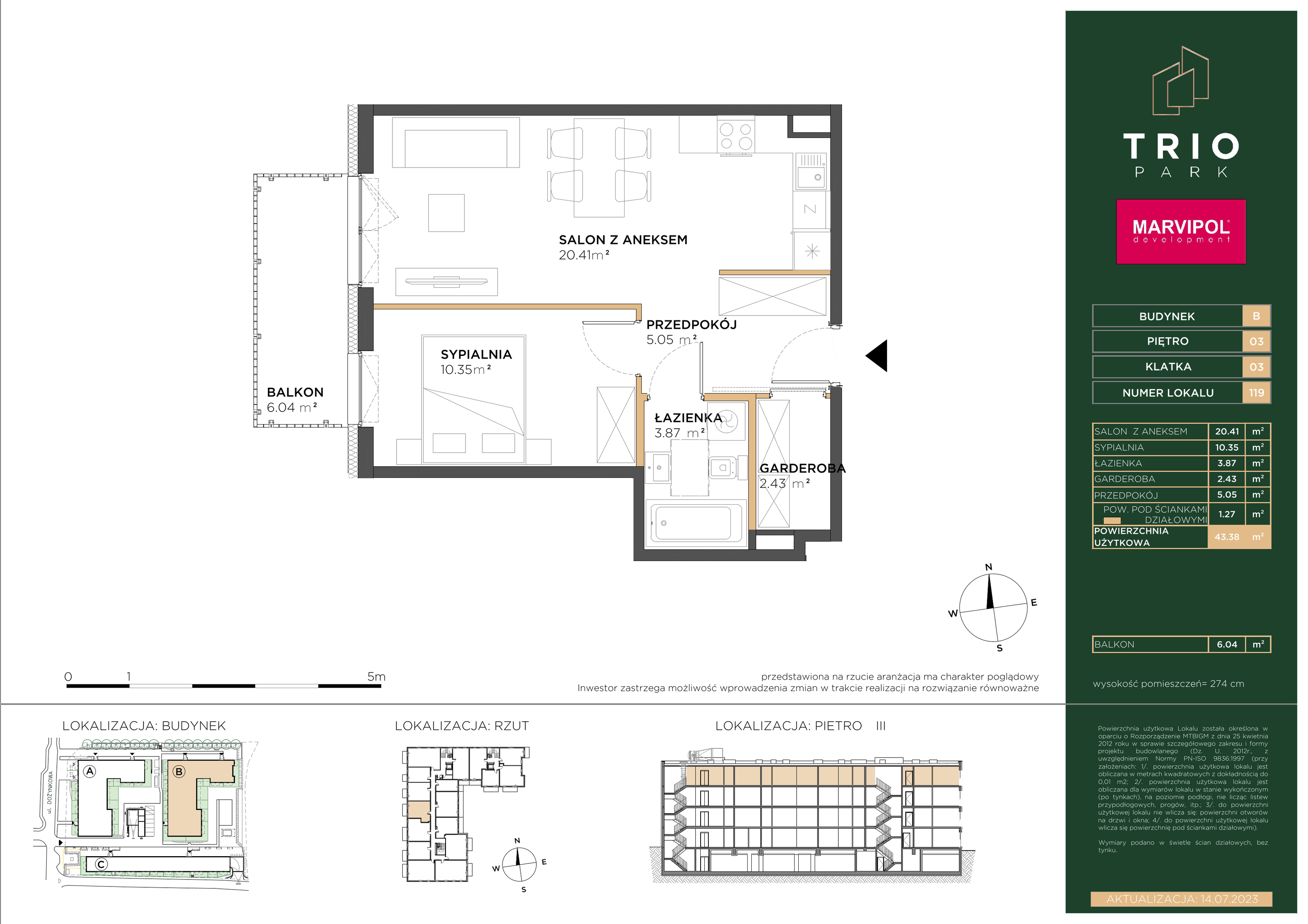 Mieszkanie 43,38 m², piętro 3, oferta nr B119, Trio Park, Wrocław, Klecina, Krzyki, ul. Dożynkowa-idx