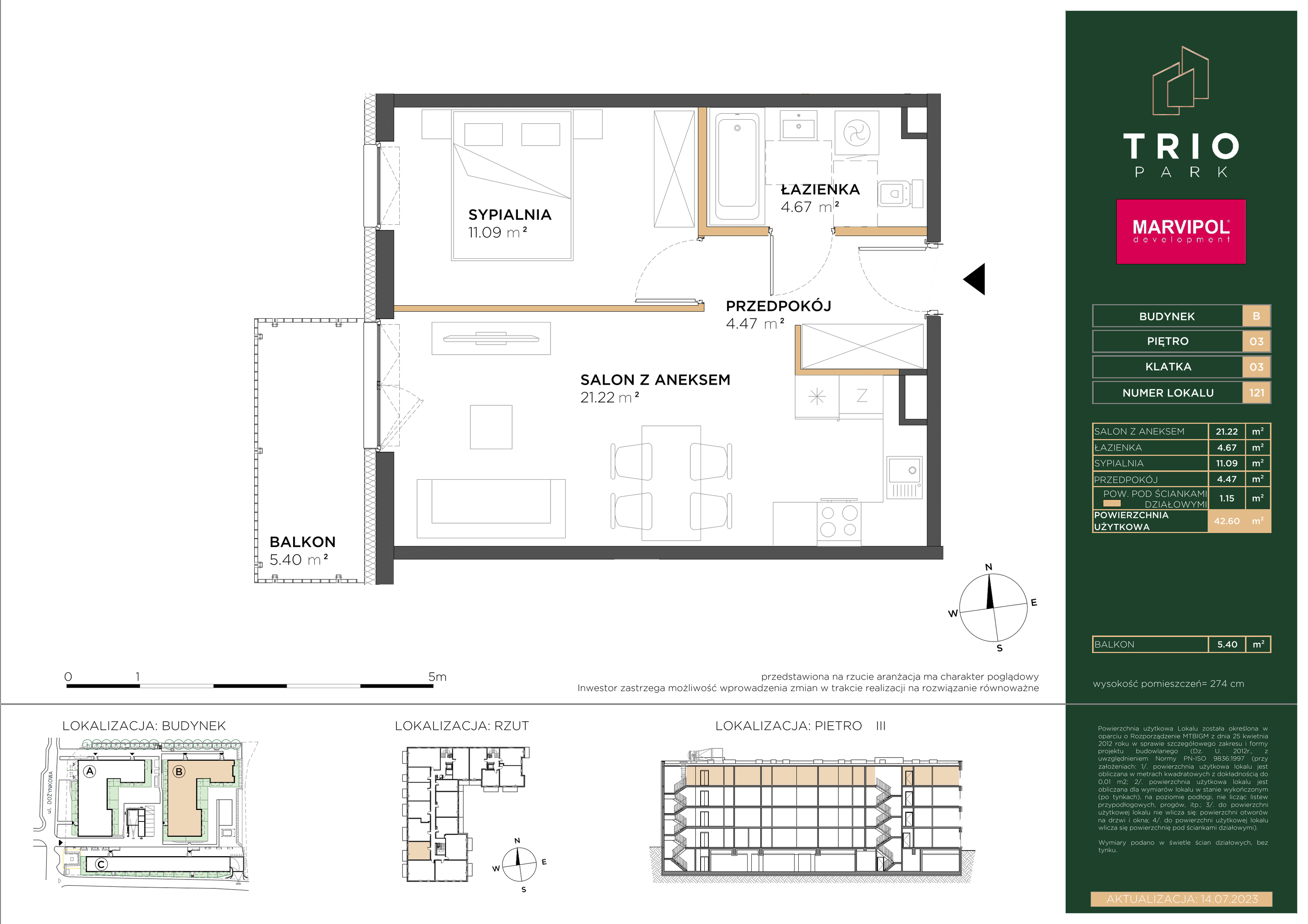 Mieszkanie 42,60 m², piętro 3, oferta nr B121, Trio Park, Wrocław, Klecina, Krzyki, ul. Dożynkowa-idx