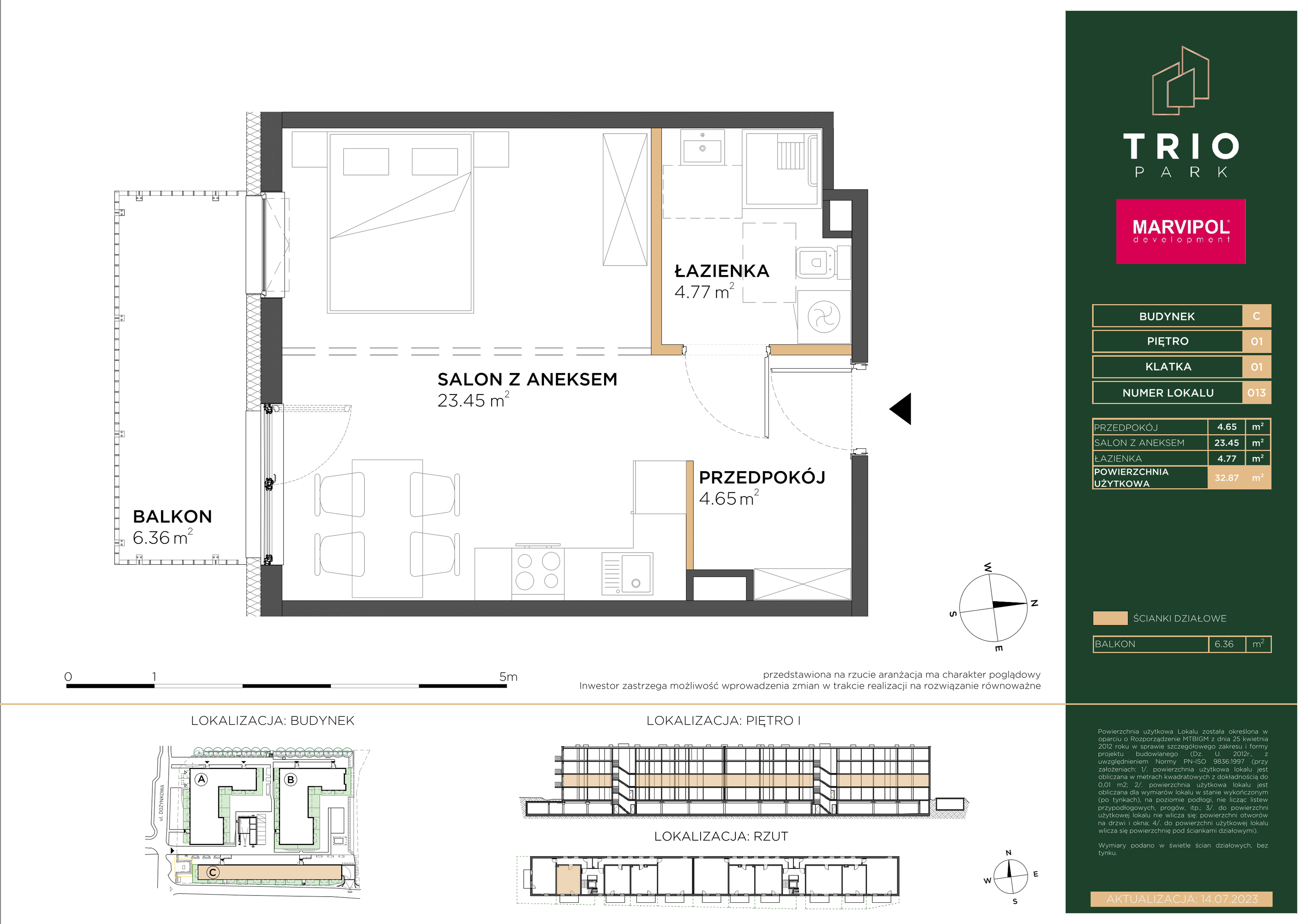 Mieszkanie 32,87 m², piętro 1, oferta nr C013, Trio Park, Wrocław, Klecina, Krzyki, ul. Dożynkowa-idx