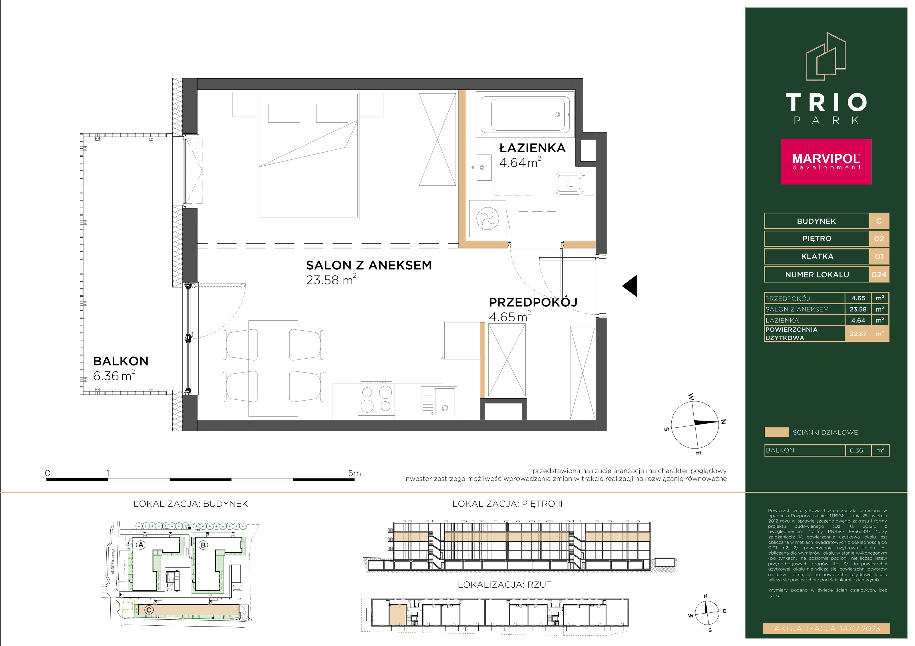 Mieszkanie 32,87 m², piętro 2, oferta nr C024, Trio Park, Wrocław, Klecina, Krzyki, ul. Dożynkowa-idx