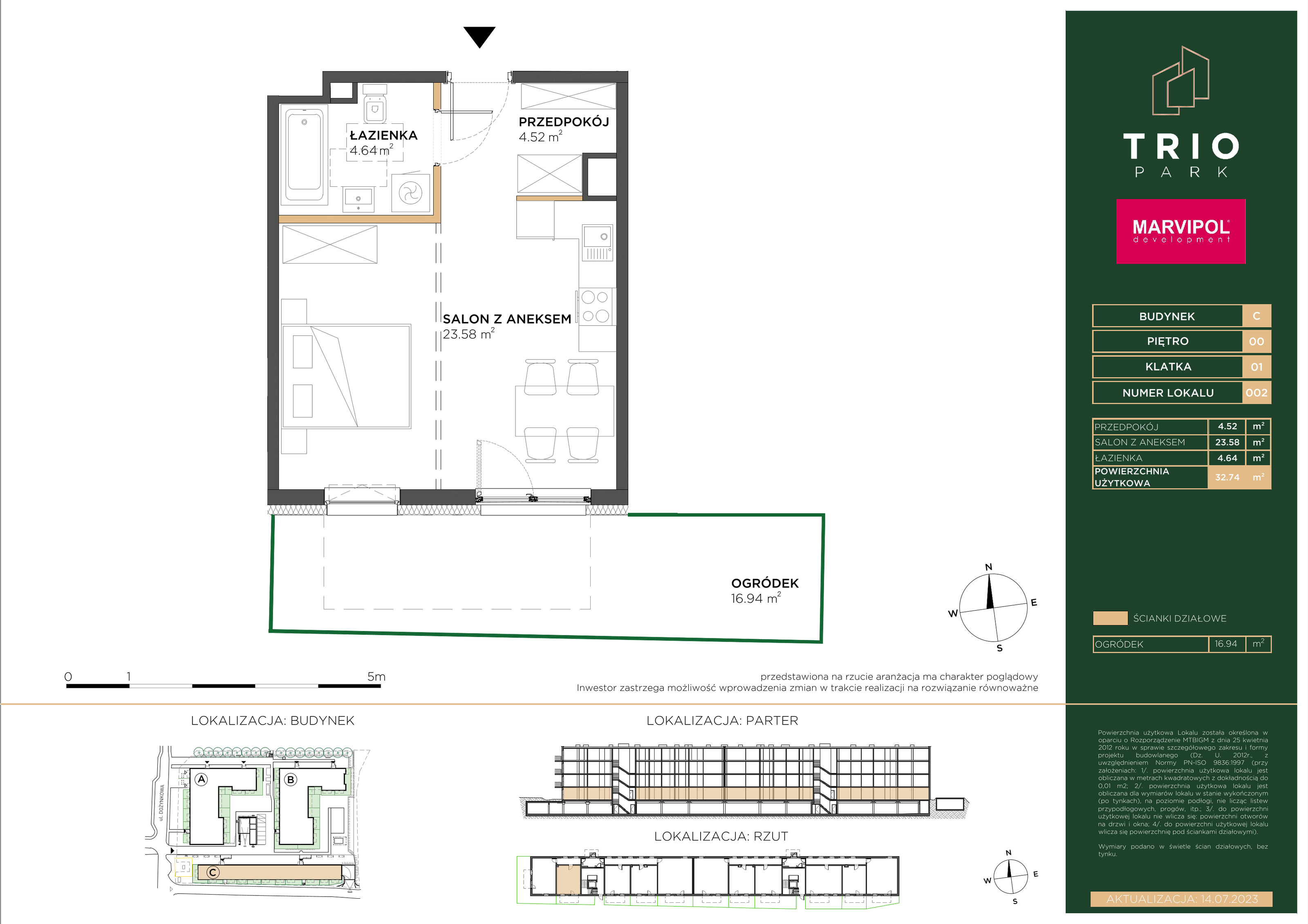 Mieszkanie 32,74 m², parter, oferta nr C002, Trio Park, Wrocław, Klecina, Krzyki, ul. Dożynkowa-idx