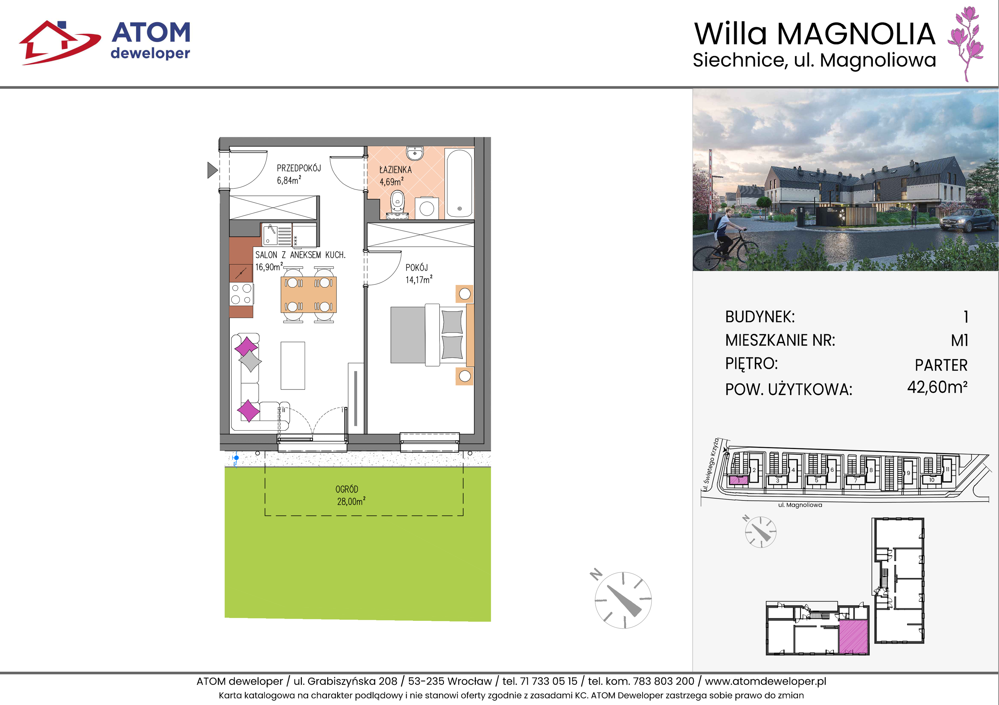 Mieszkanie 42,60 m², parter, oferta nr 1A.M1, Willa Magnolia, Siechnice, ul. Magnoliowa-idx