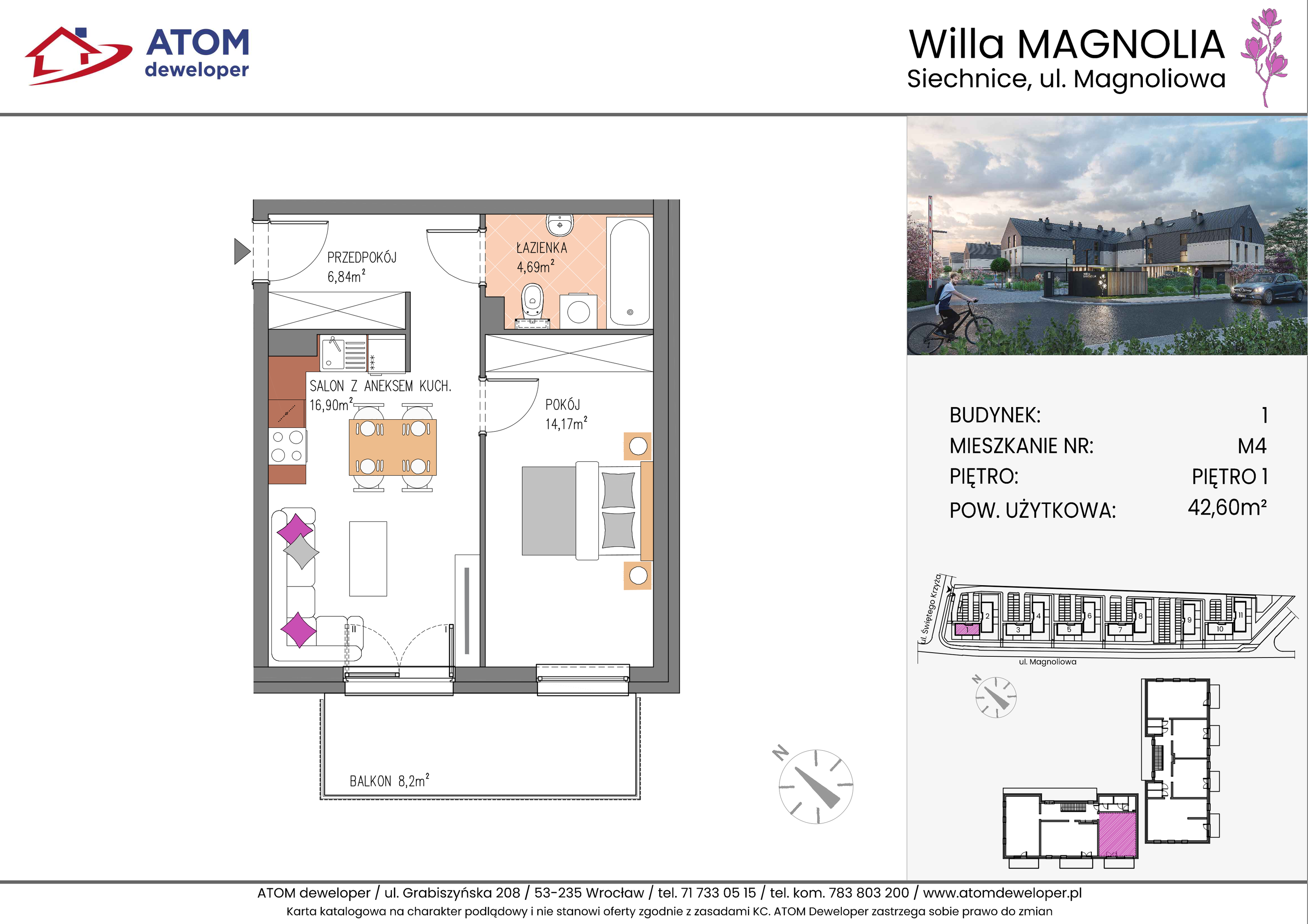 Mieszkanie 42,60 m², piętro 1, oferta nr 1A.M4, Willa Magnolia, Siechnice, ul. Magnoliowa-idx