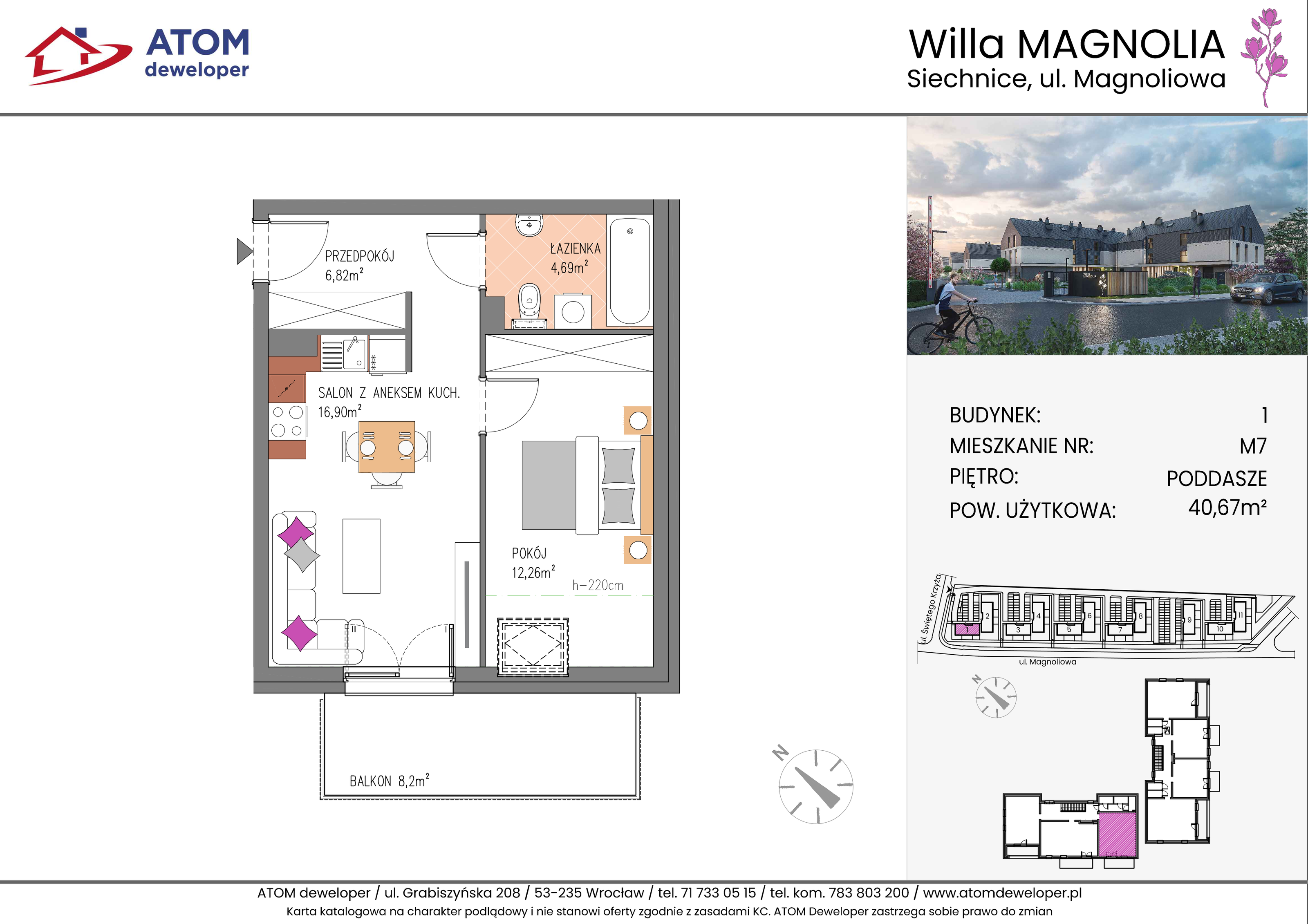 Mieszkanie 40,67 m², piętro 2, oferta nr 1A.M7, Willa Magnolia, Siechnice, ul. Magnoliowa-idx