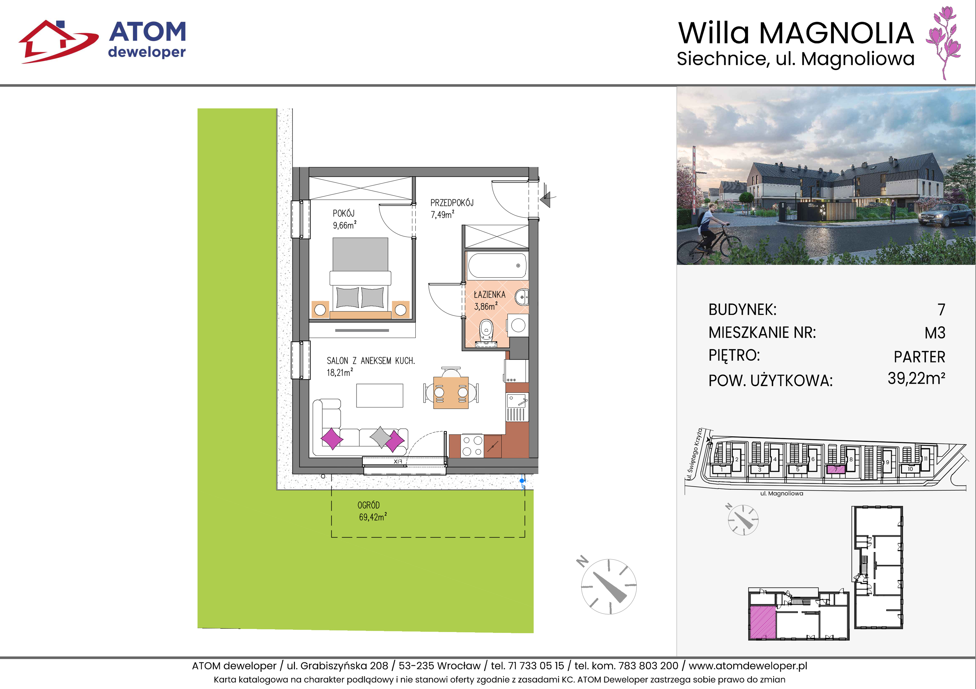 Mieszkanie 39,22 m², parter, oferta nr 7A.M3, Willa Magnolia, Siechnice, ul. Magnoliowa-idx